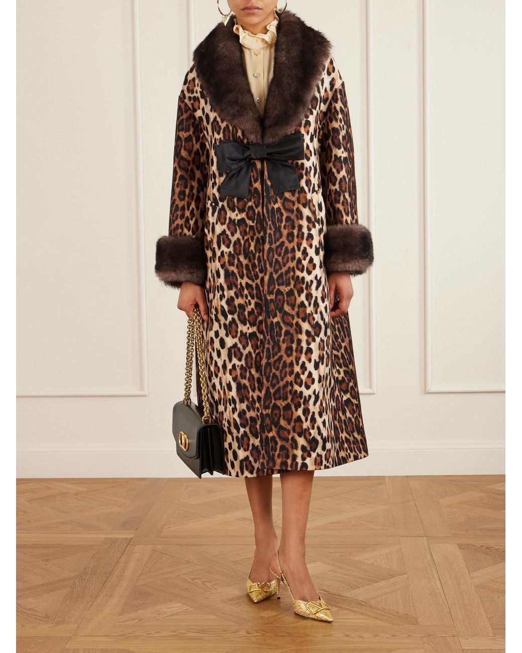 Valentino Garavani Brown Bow-Embellished Shearling-Trimmed Leopard-Print Wool Coat