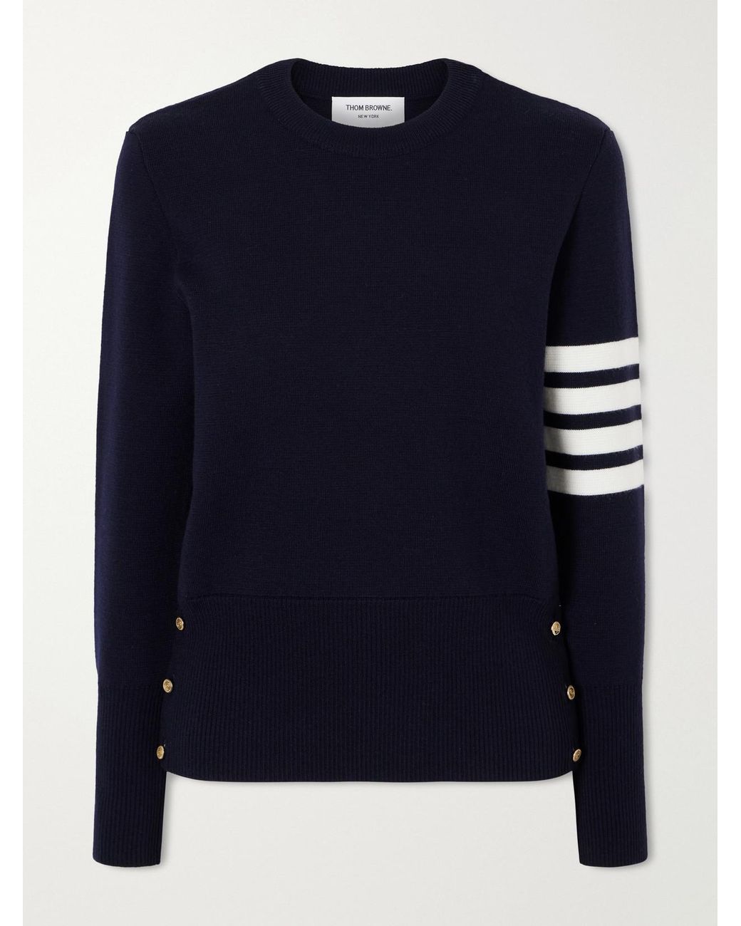 Thom Browne Blue Grosgrain-Trimmed Striped Wool Sweater