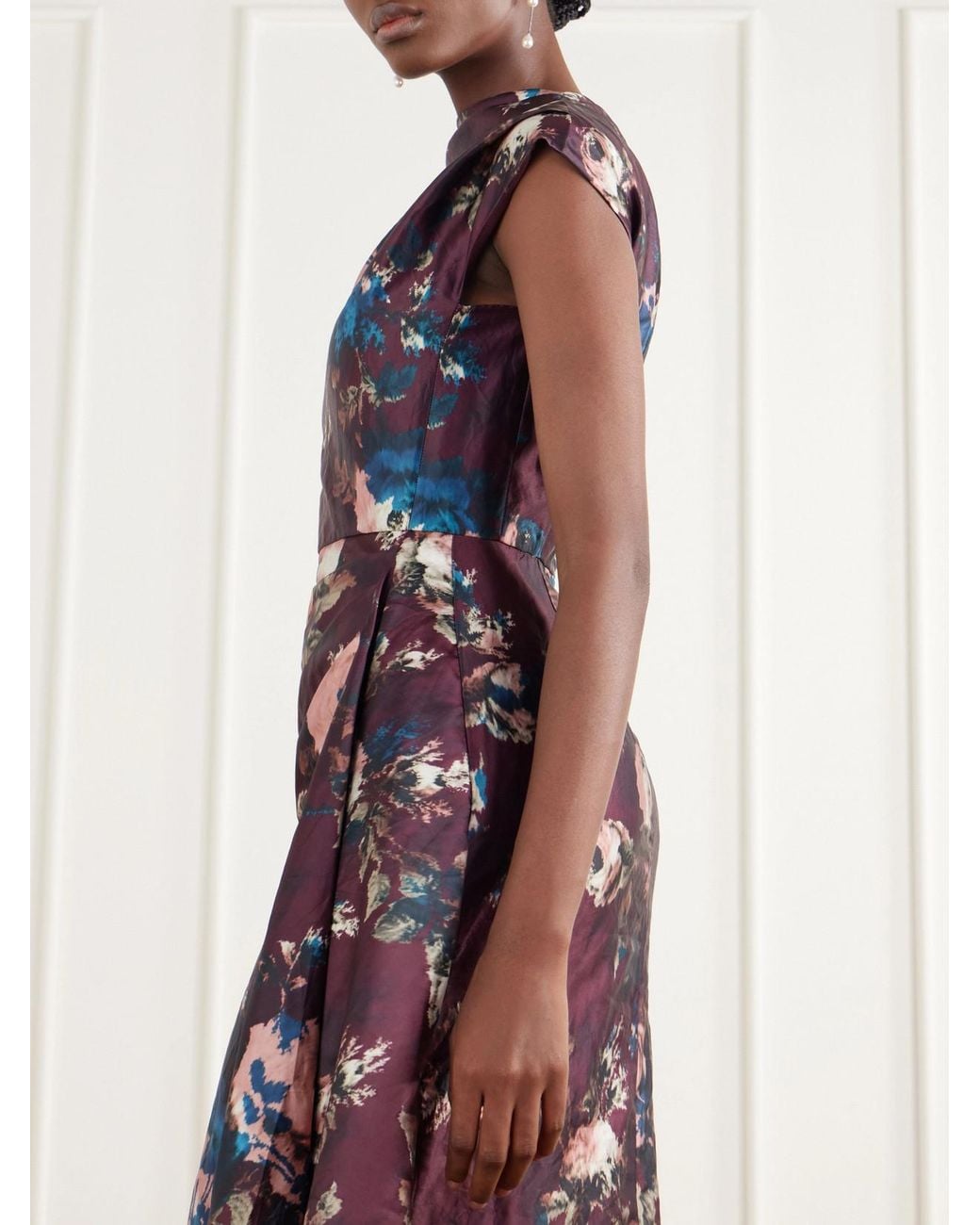 Erdem Purple Floral-Print Draped Crinkled Satin Gown