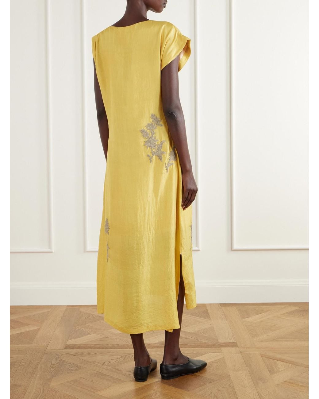 Kartik Research Yellow Embroidered Pleated Crinkled Silk-Dupioni Midi Dress