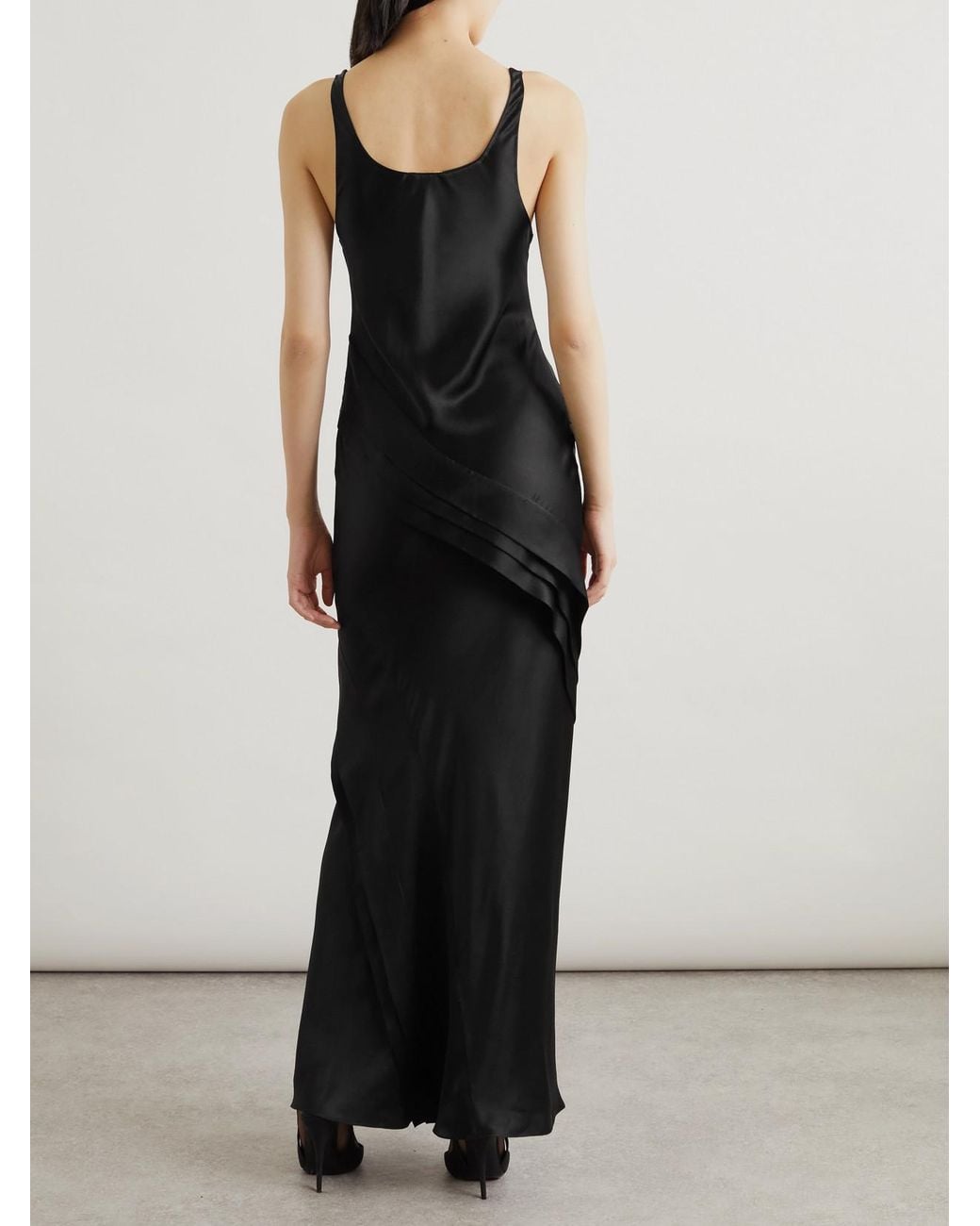 Saint Laurent Black Asymmetric Tiered Silk-Satin Maxi Dress