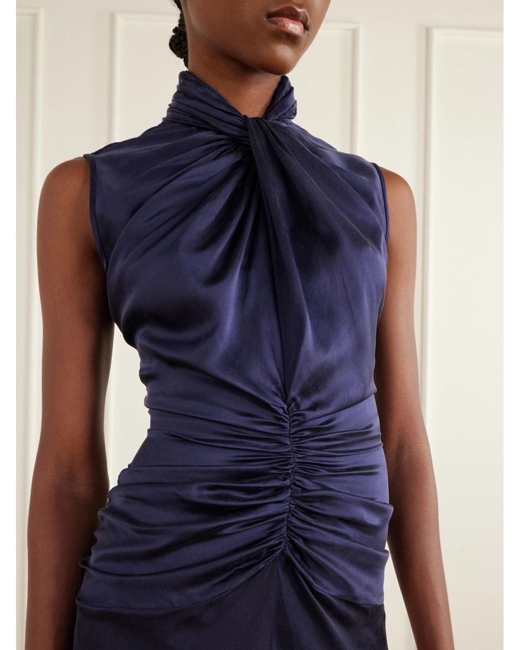 Isabel Marant Blue Delfi Gathered Twist-Front Silk-Satin Midi Dress