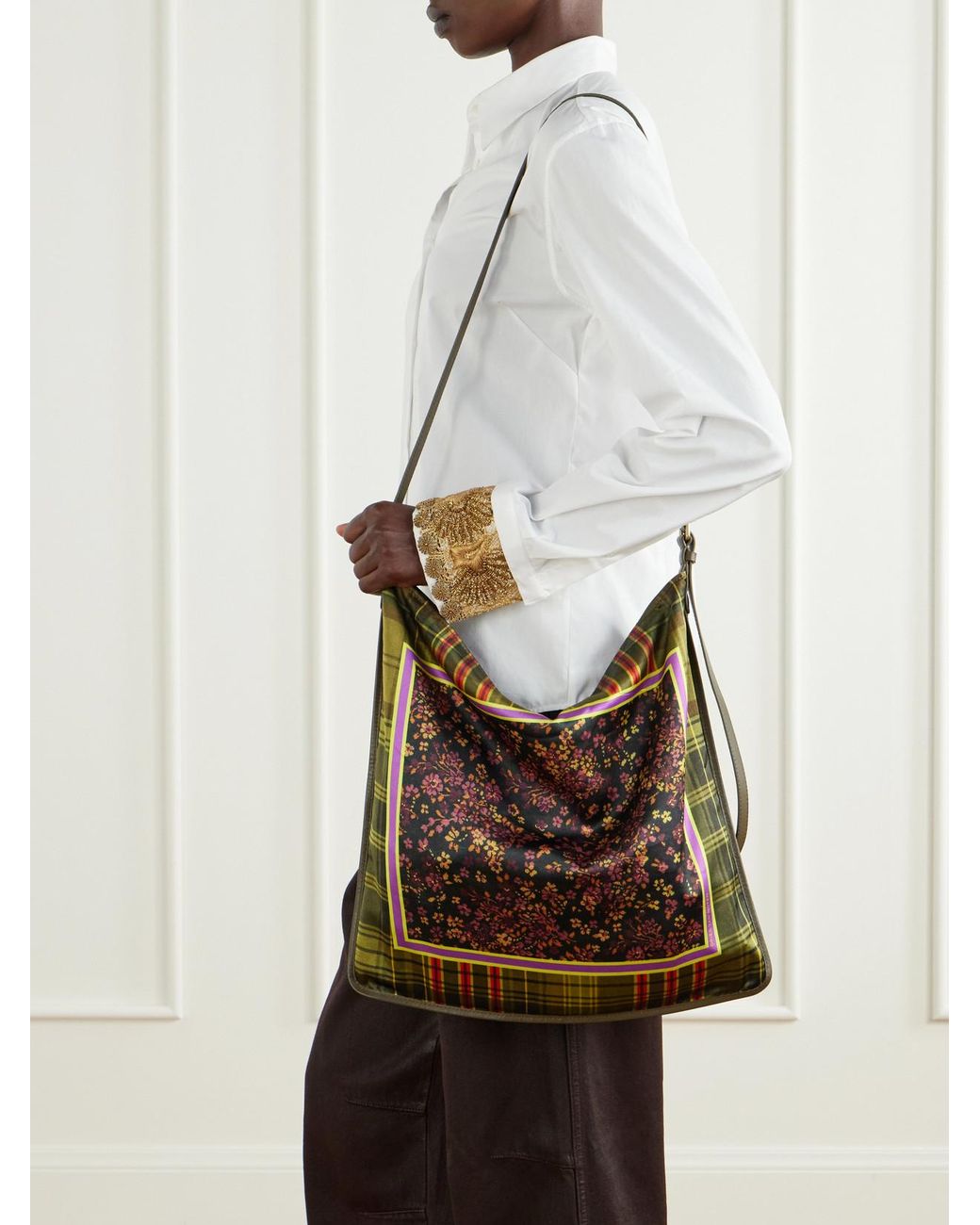 Dries Van Noten Brown Printed Large Leather-Trimmed Satin Shoulder Bag