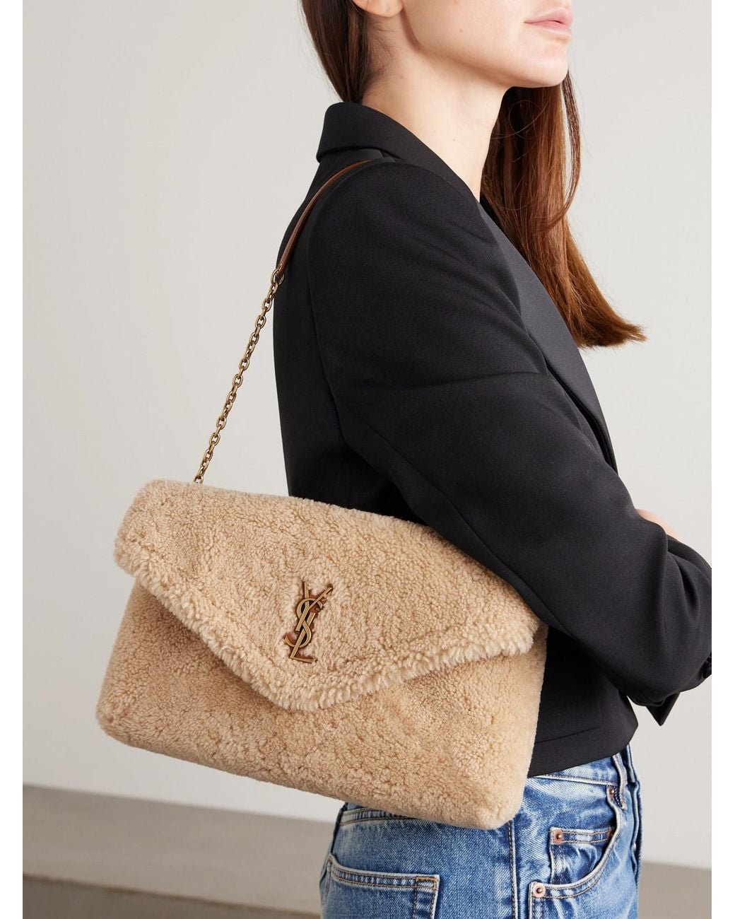 Saint Laurent Natural Cassandre Leather-Trimmed Shearling Shoulder Bag
