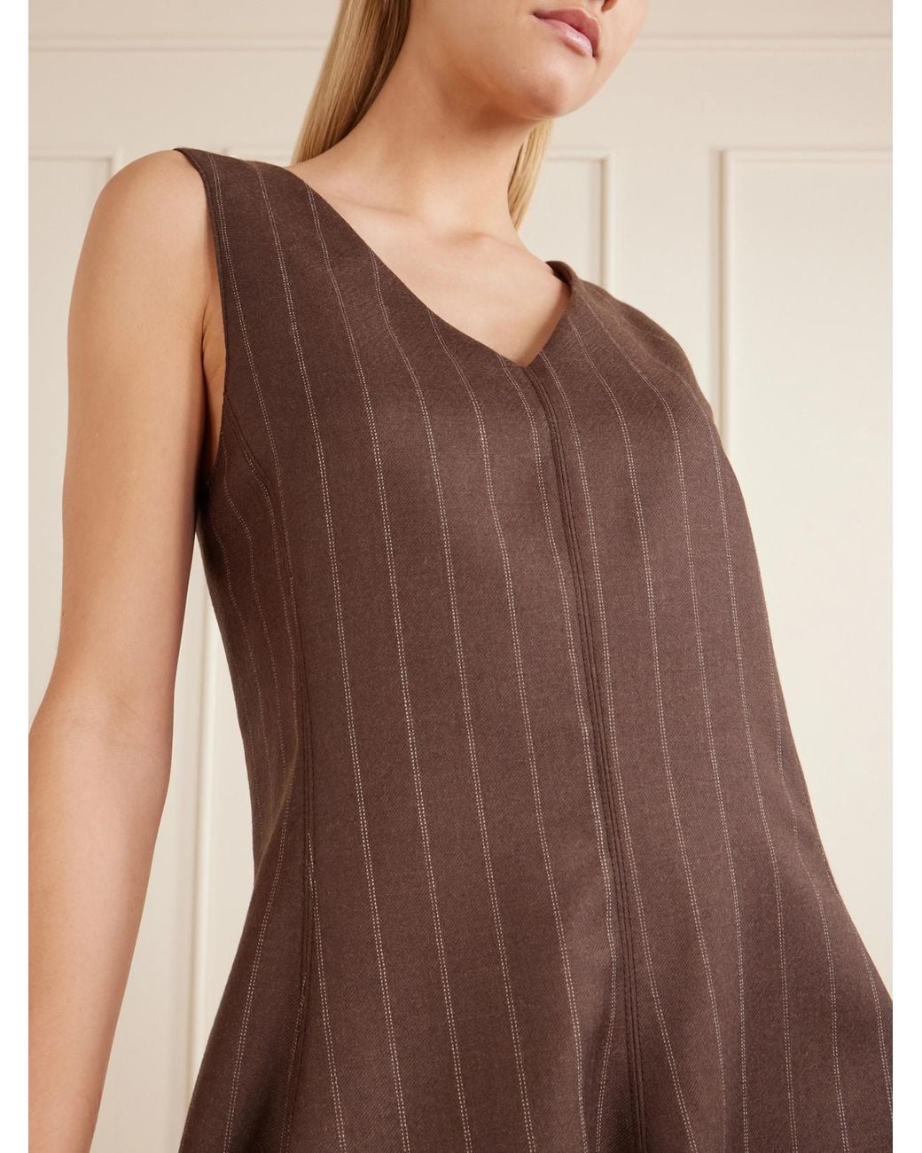 Brunello Cucinelli Brown Striped Wool Woven Mini Dress