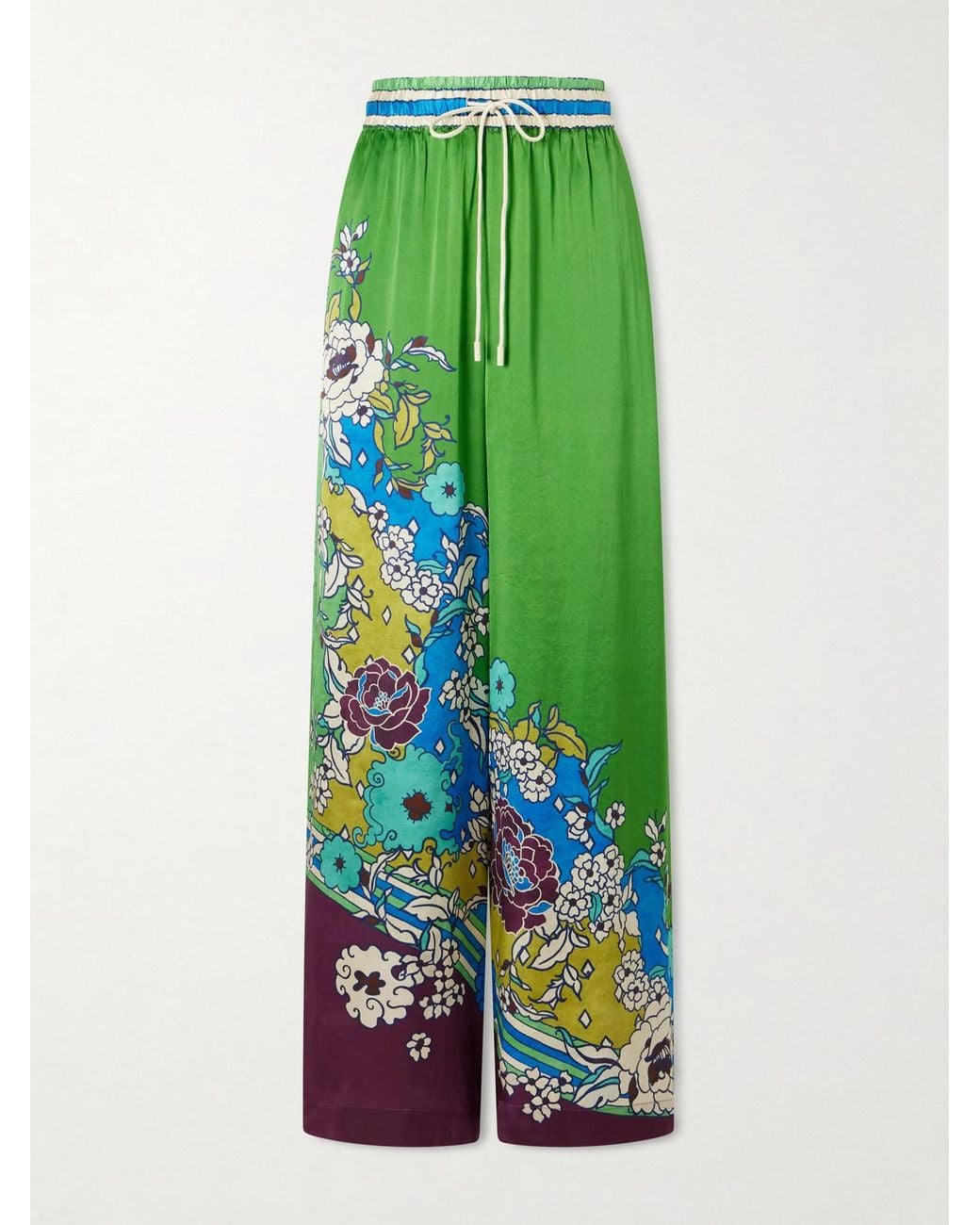 ALÉMAIS Green Nanci Floral-Print Silk-Satn Wide-Leg Pants