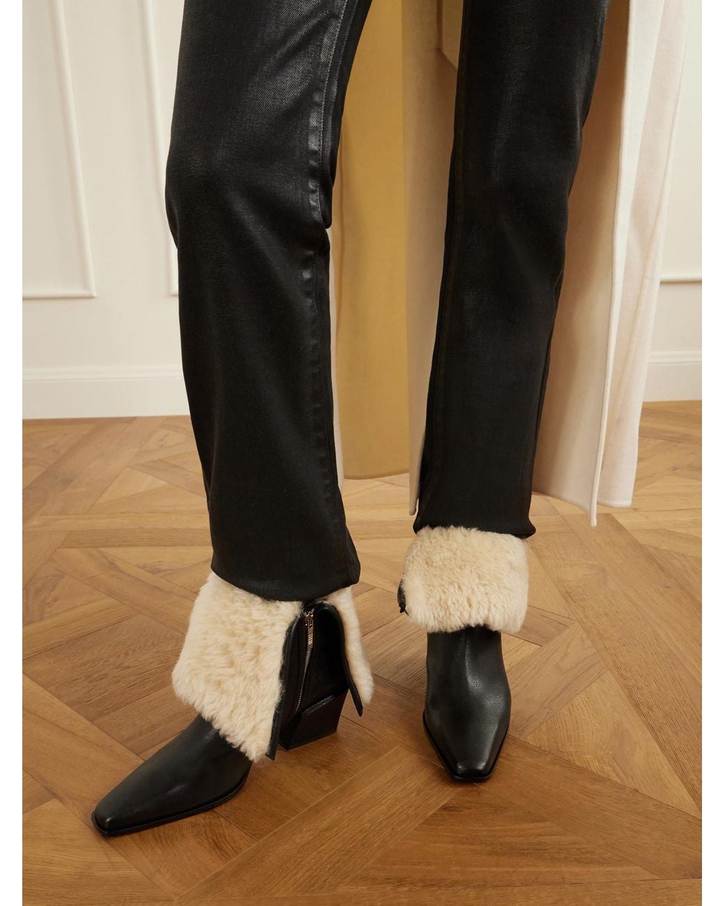 Paris Texas Black Bettina 50 Shearling-Trimmed Leather Ankle Boots