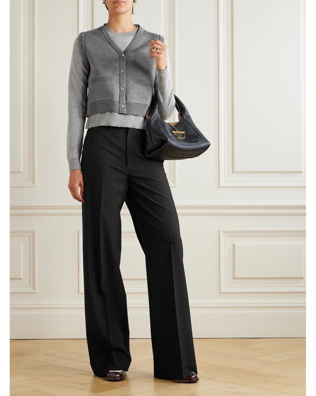 Gucci Black Pinstriped Wool-Twill Wide-Leg Pants