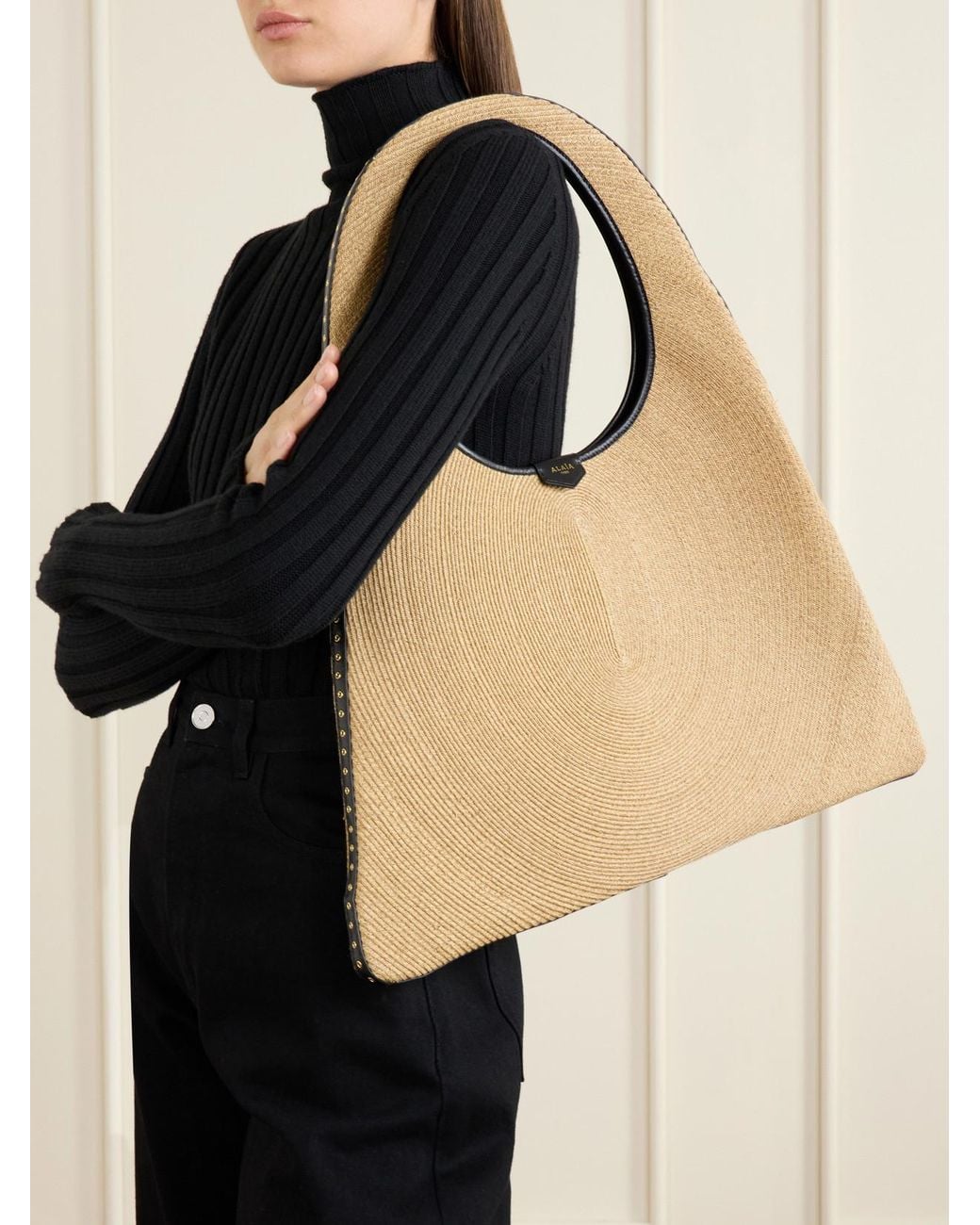 Alaïa Natural Leather-Trimmed Paper Straw Shoulder Bag