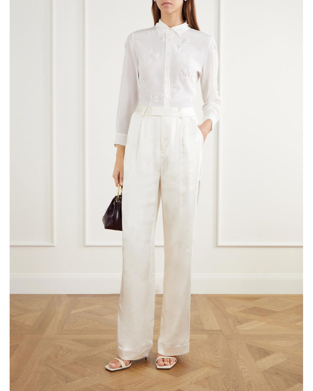 BERNADETTE White Baby Bead-Embellished Silk-Crepe De Chine Shirt