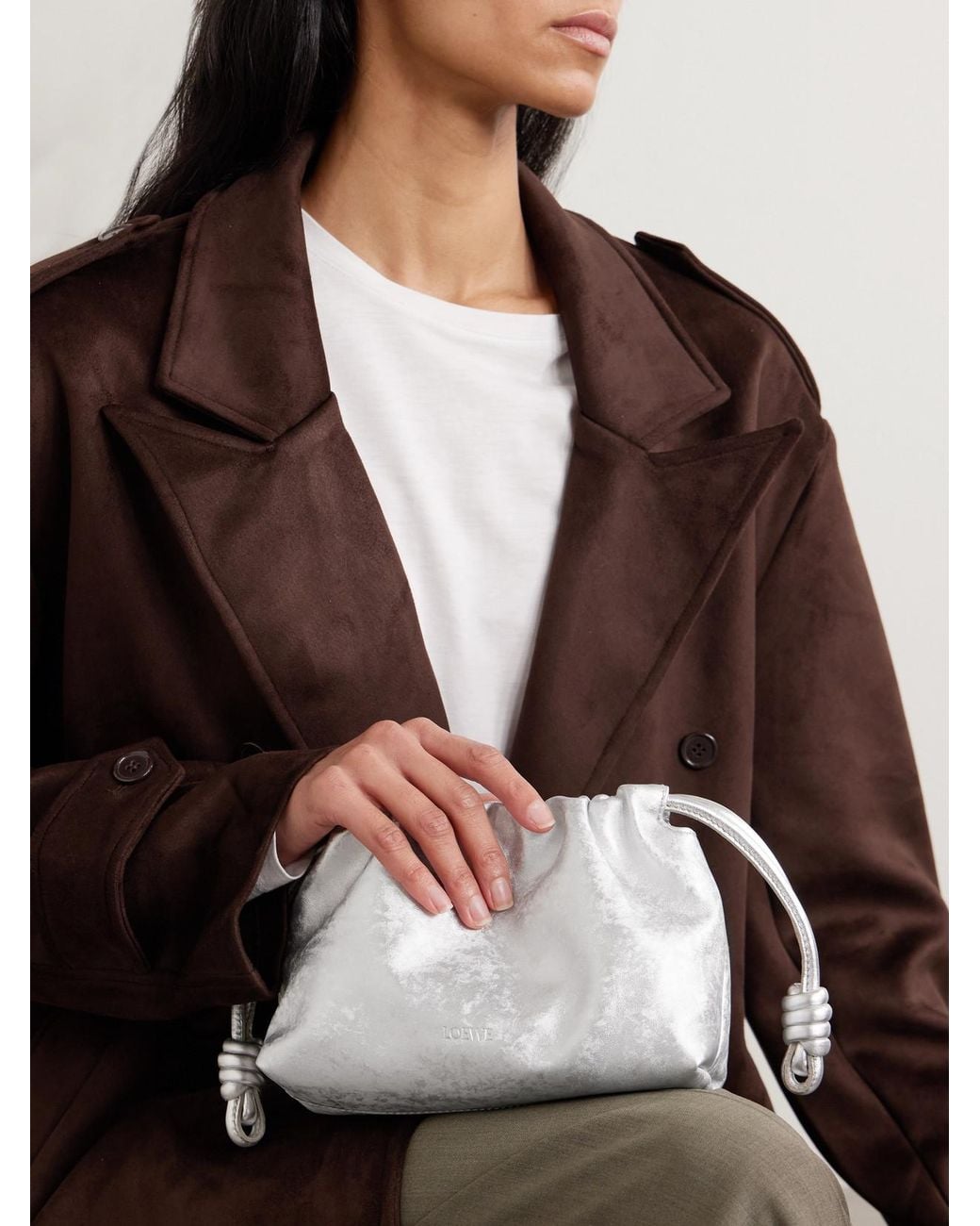 Loewe White Flamenco Mini Metallic Leather Clutch