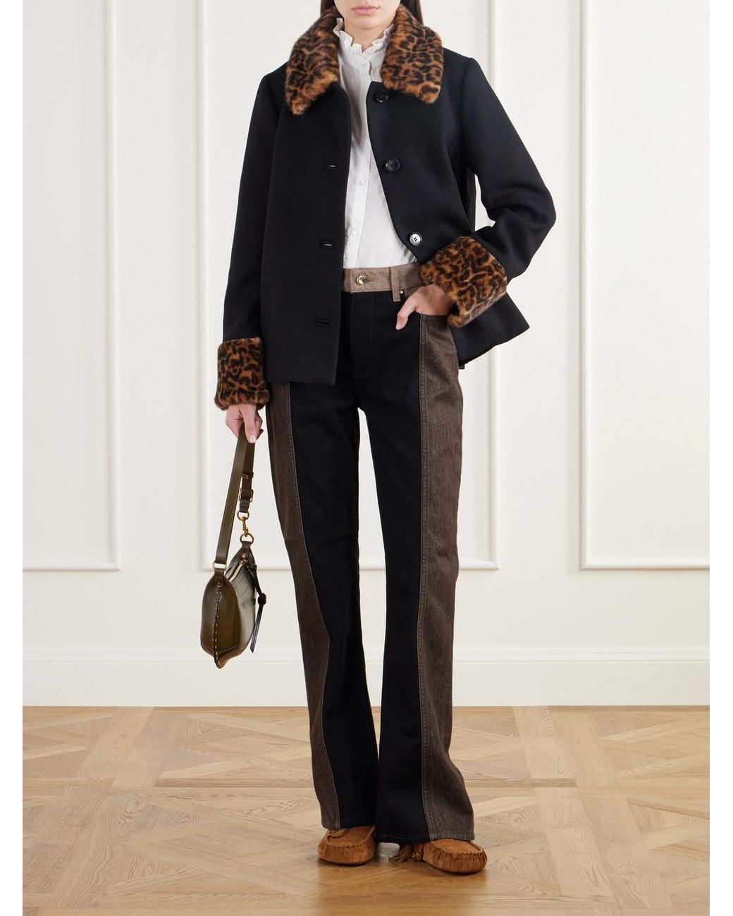 Rixo Black Aldith Leopard Plush-Trimmed Melton Wool-Blend Jacket
