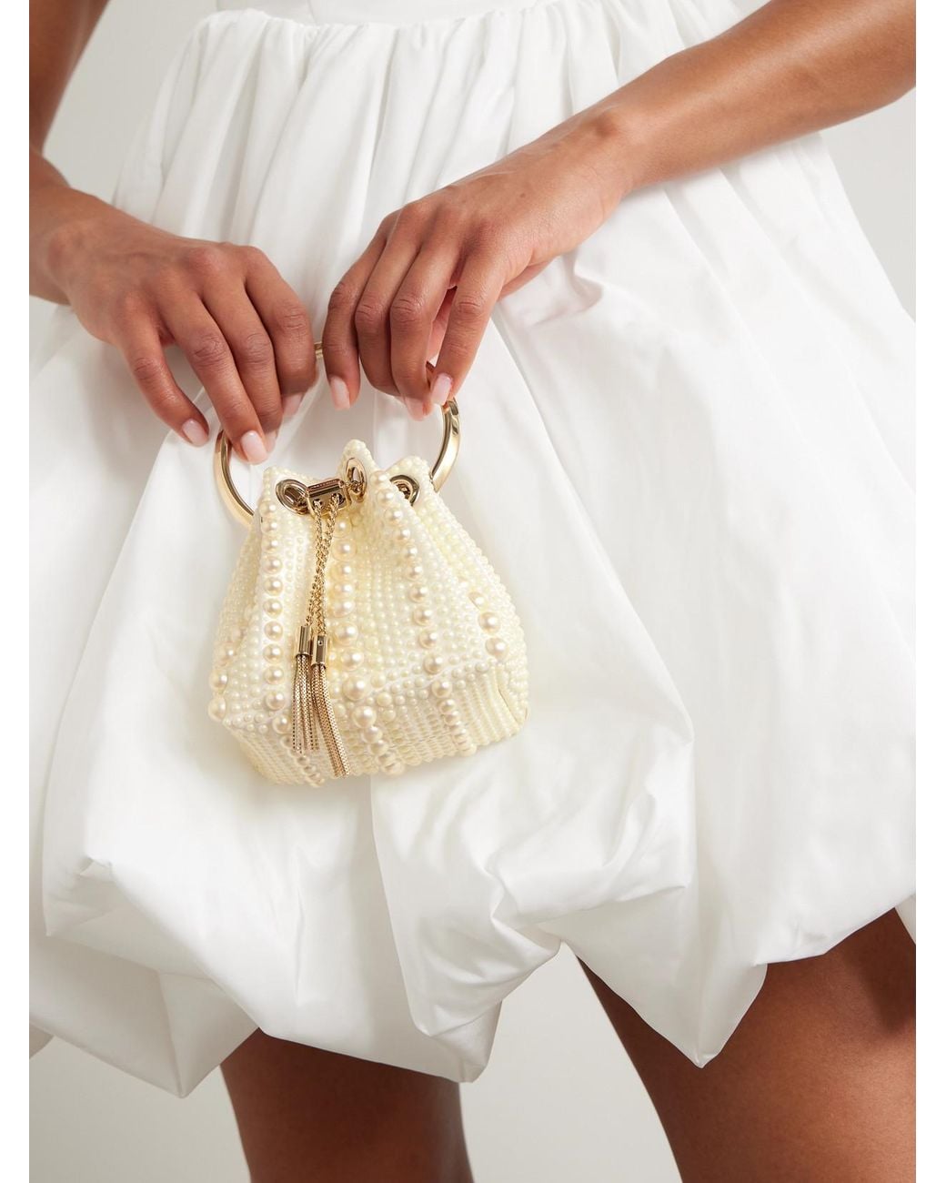 Jimmy Choo Natural Bon Bon Micro Embellished Satin Bucket Bag