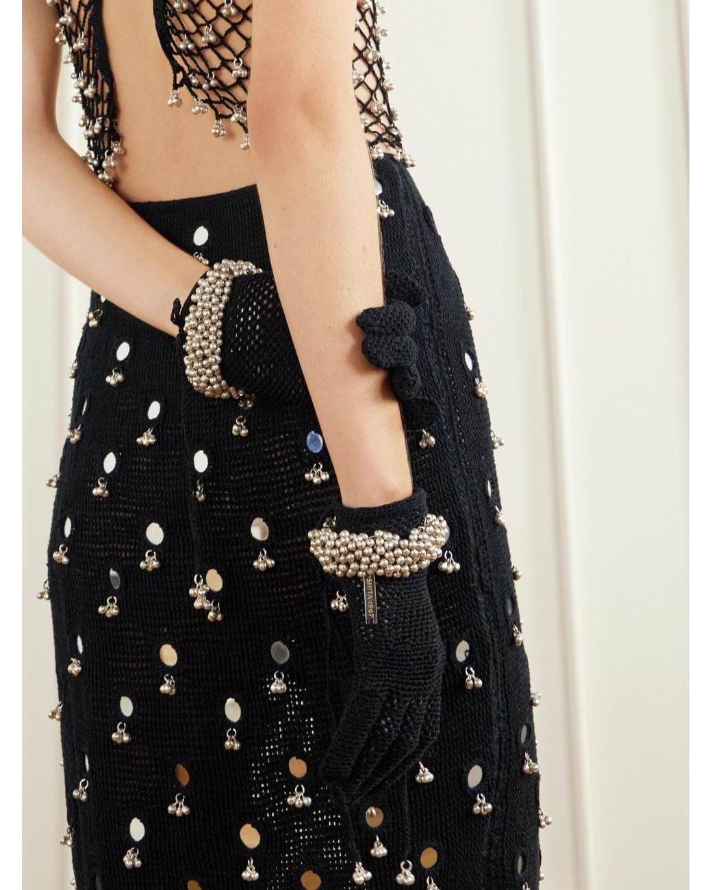 Yoshita 1967 Black Embellished Cotton Crochet-Knit Gloves