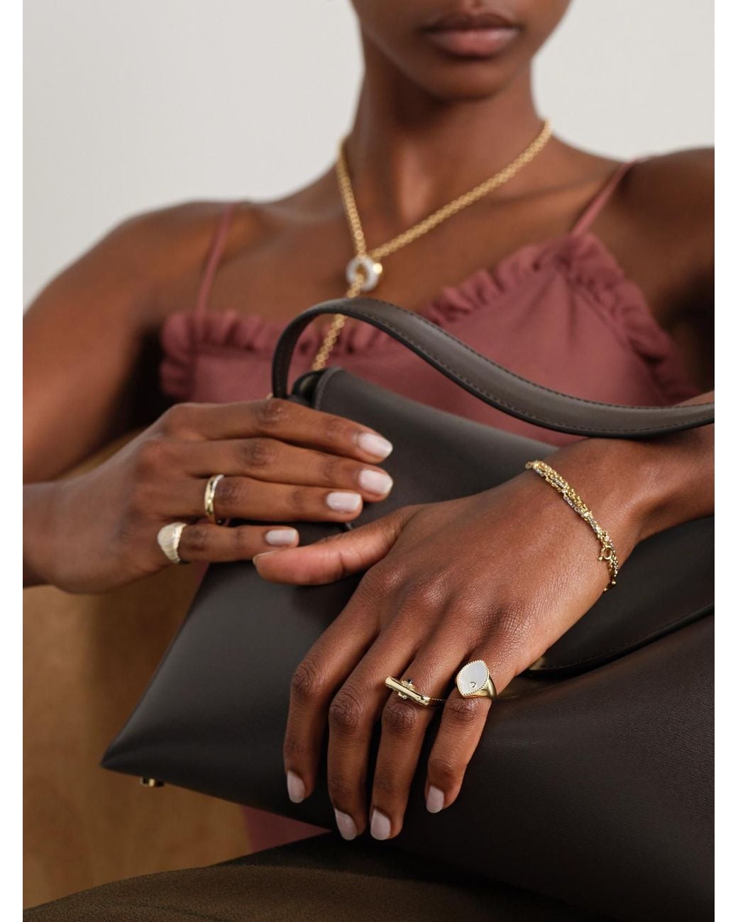 Yvonne Léon Natural Chevalière Marquise 9-Karat, Mother-Of-Pearl And Diamond Signet Ring
