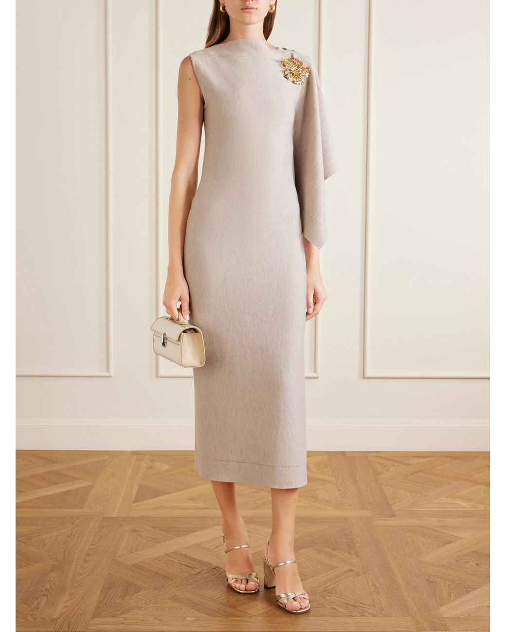 Oscar de la Renta Natural Draped Wool-Blend Knitted Midi Dress