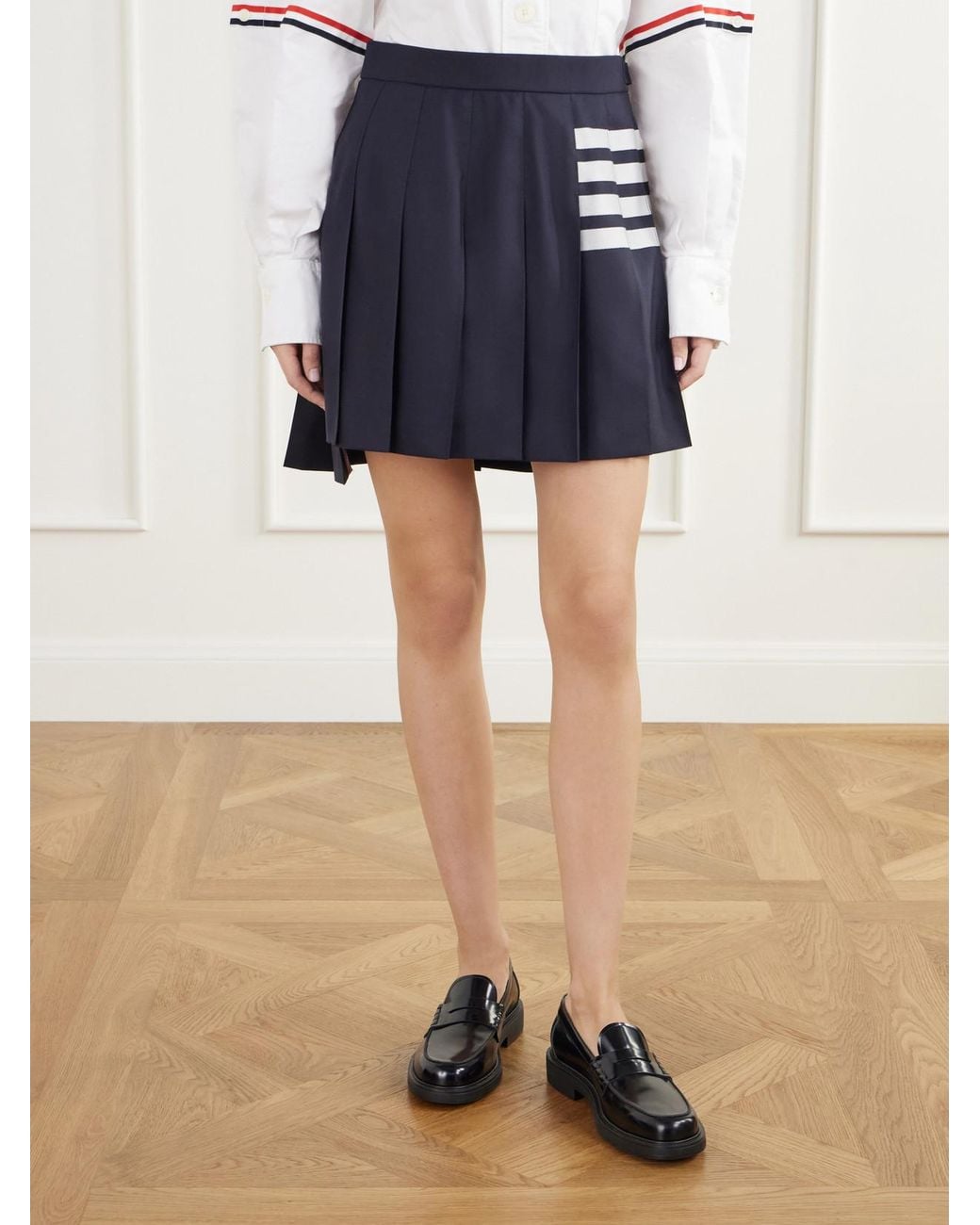 Thom Browne Blue Pleated Asymmetric Grosgrain-Trimmed Wool-Gabardine Mini Skirt