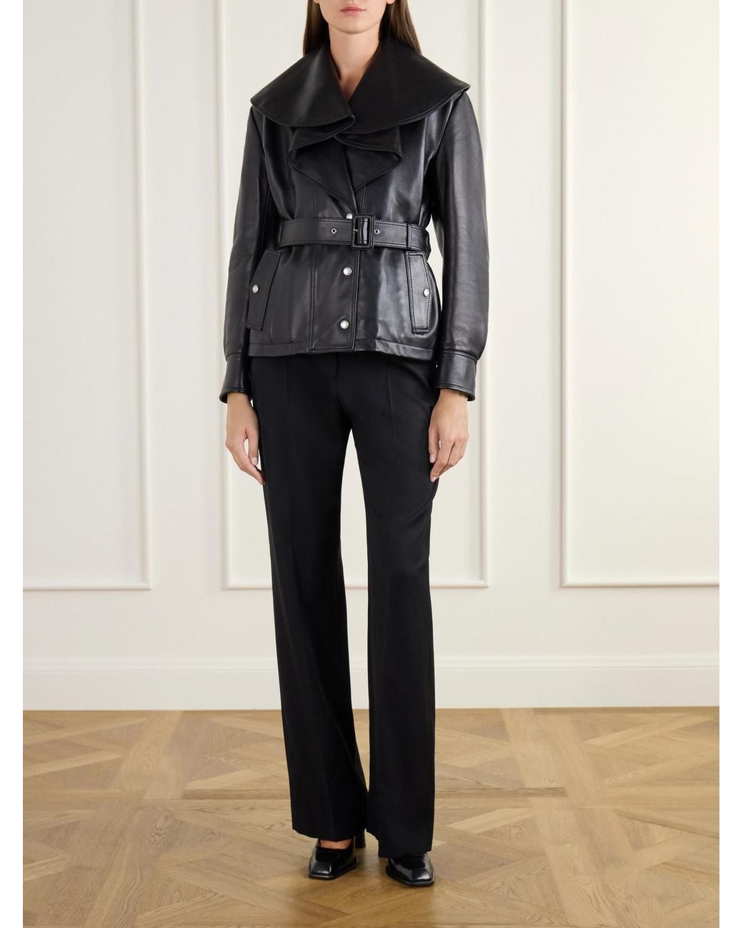 McQueen Black Belted Draped Leather Jacket
