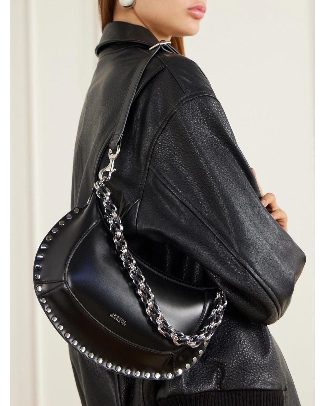 Isabel Marant Black Oskan Moon Studded Leather Shoulder Bag