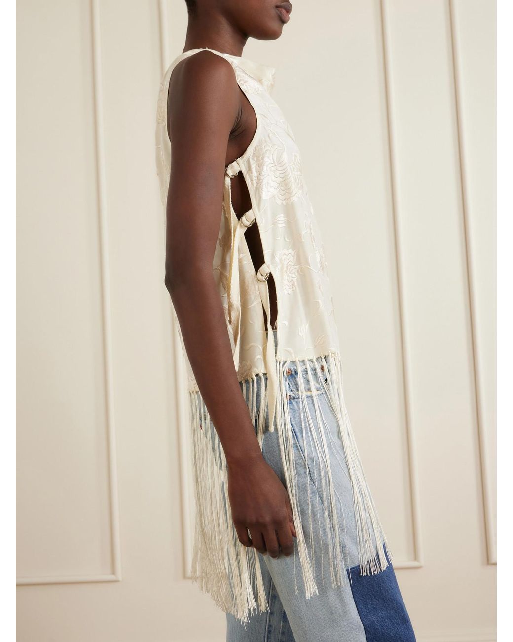 Sea White Priscilla Floral-Embroidered Fringed Crepe Vest