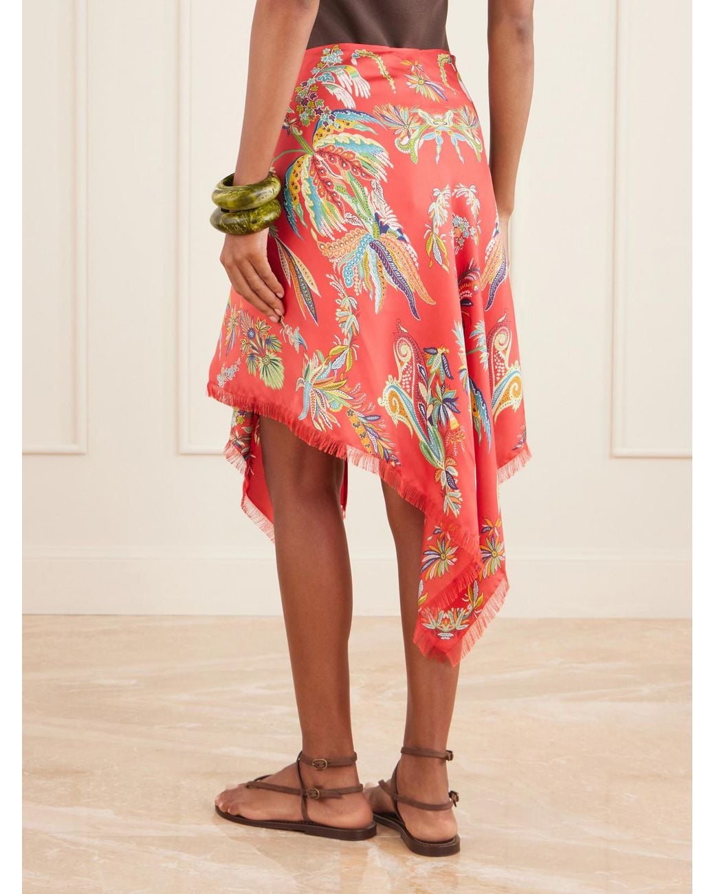 Etro Red Frayed Printed Twill Pareo