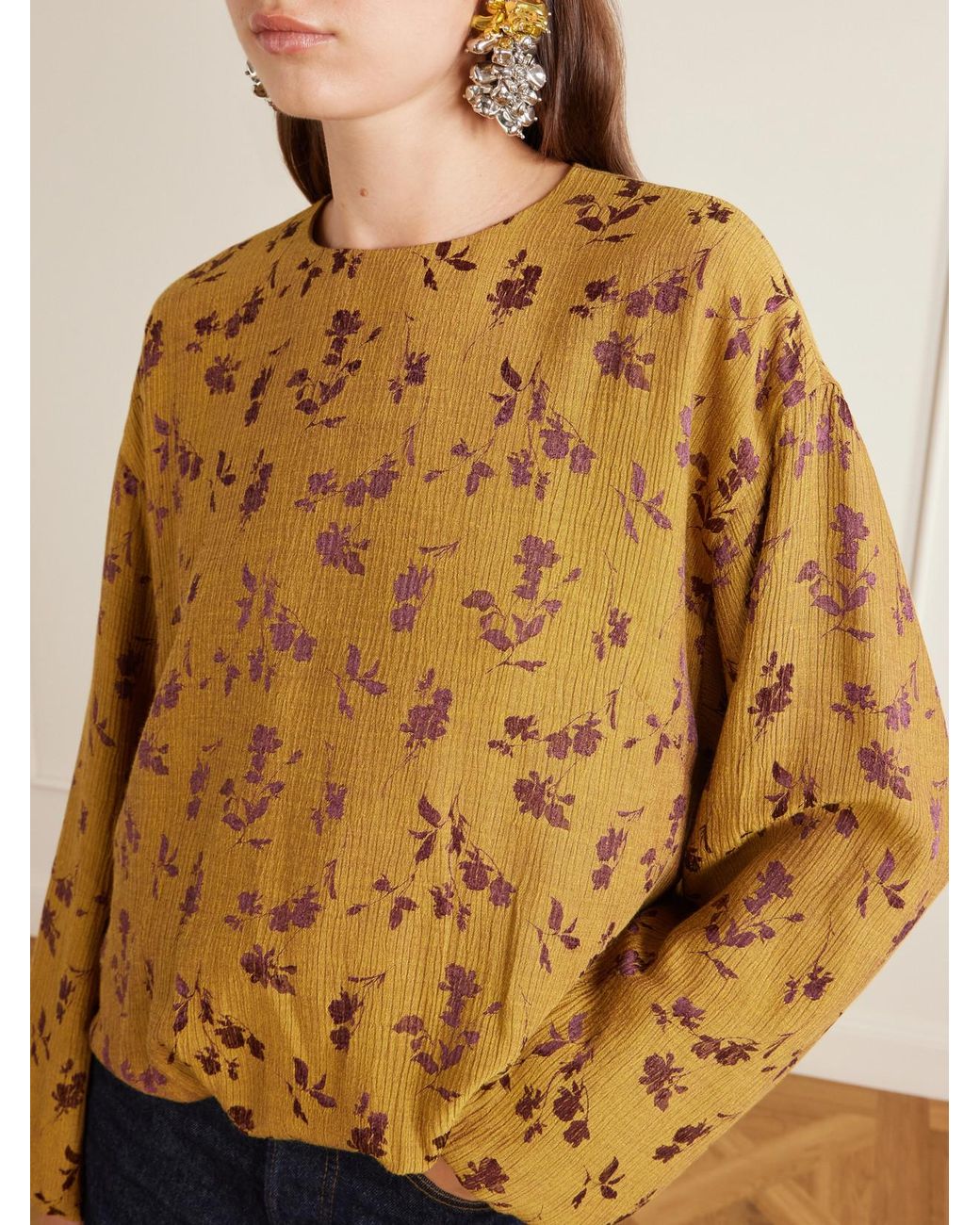 Dries Van Noten Metallic Floral-Jacquard Cloqué Blouse