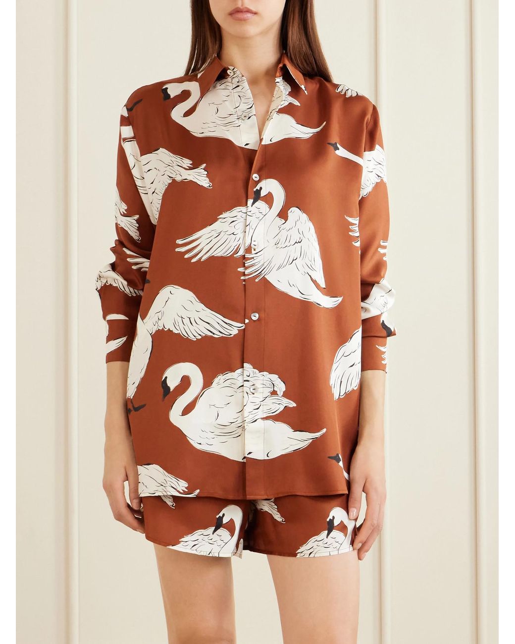Olivia Von Halle Red Kick Printed Silk-Satin Pajama Set