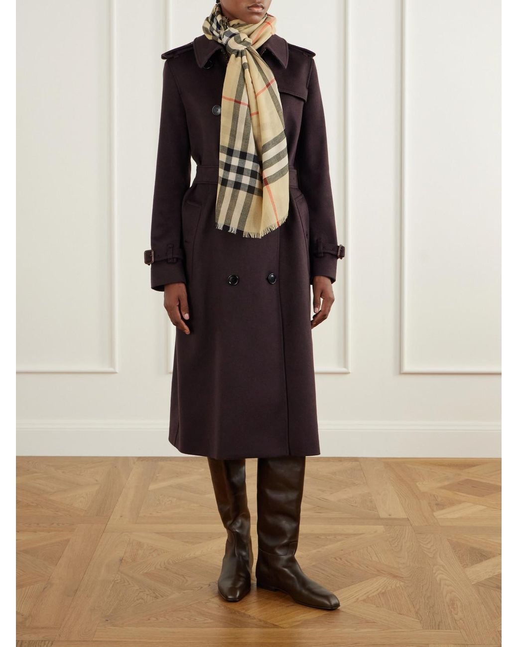 Burberry Natural Fringed Checked Wool Scarf
