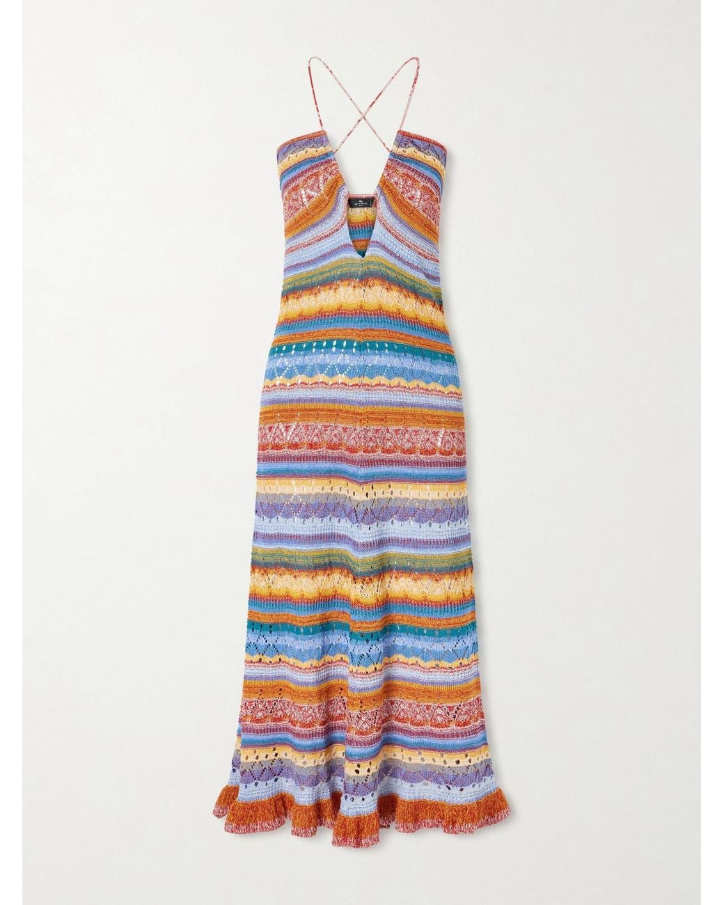 Etro White Crochet-Knit Striped Cotton Midi Dress