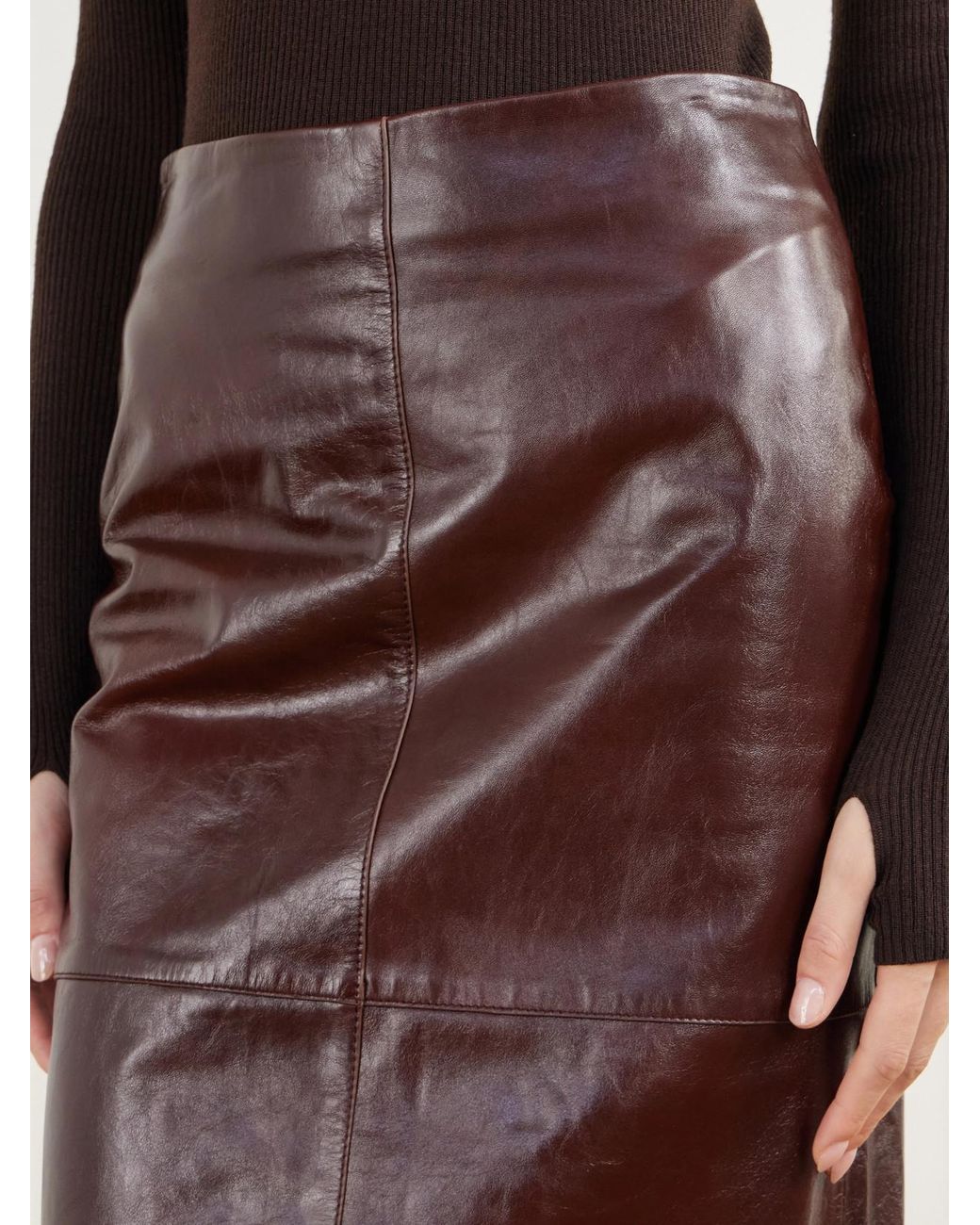 Sportmax Brown Lappole Paneled Glossed-Leather Midi Skirt