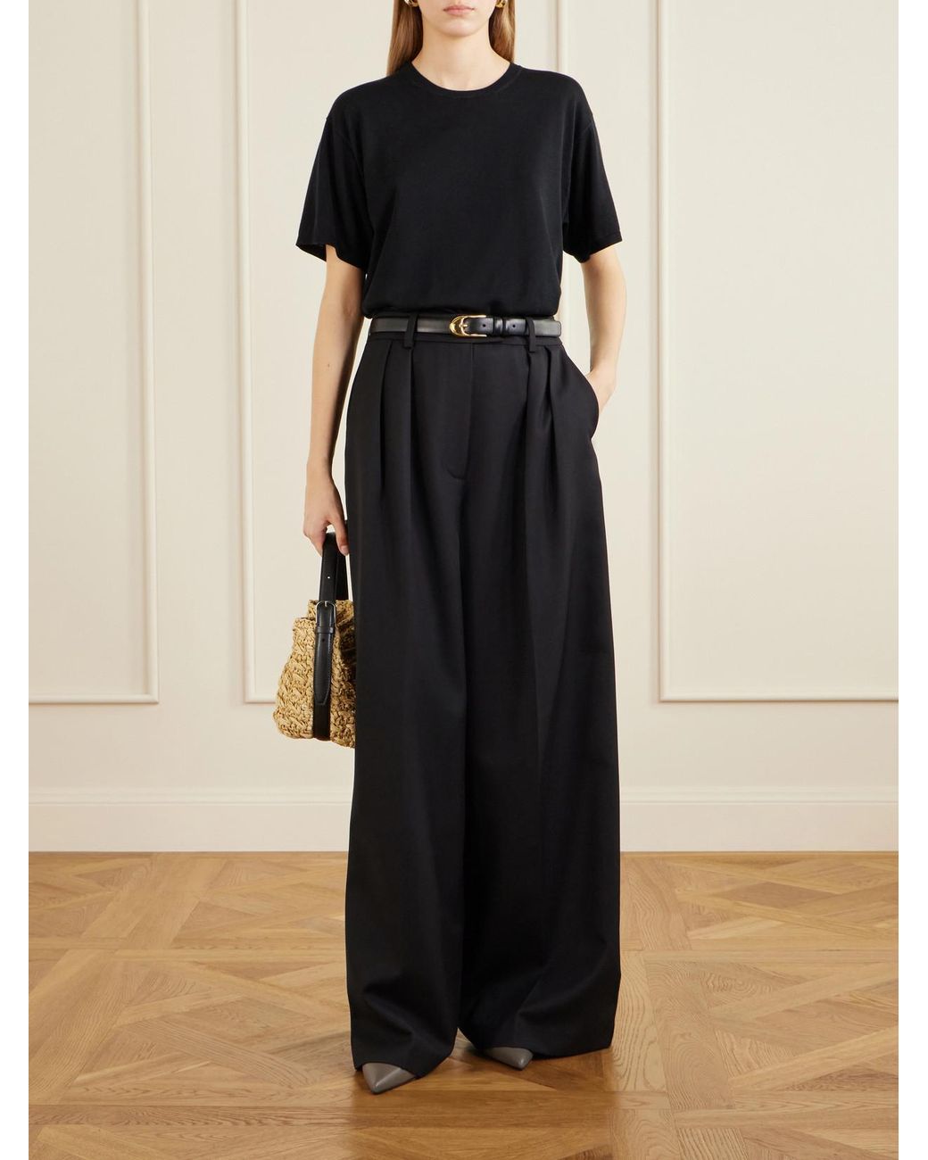 Anine Bing Black Lou Pleated Woven Wide-Leg Pants