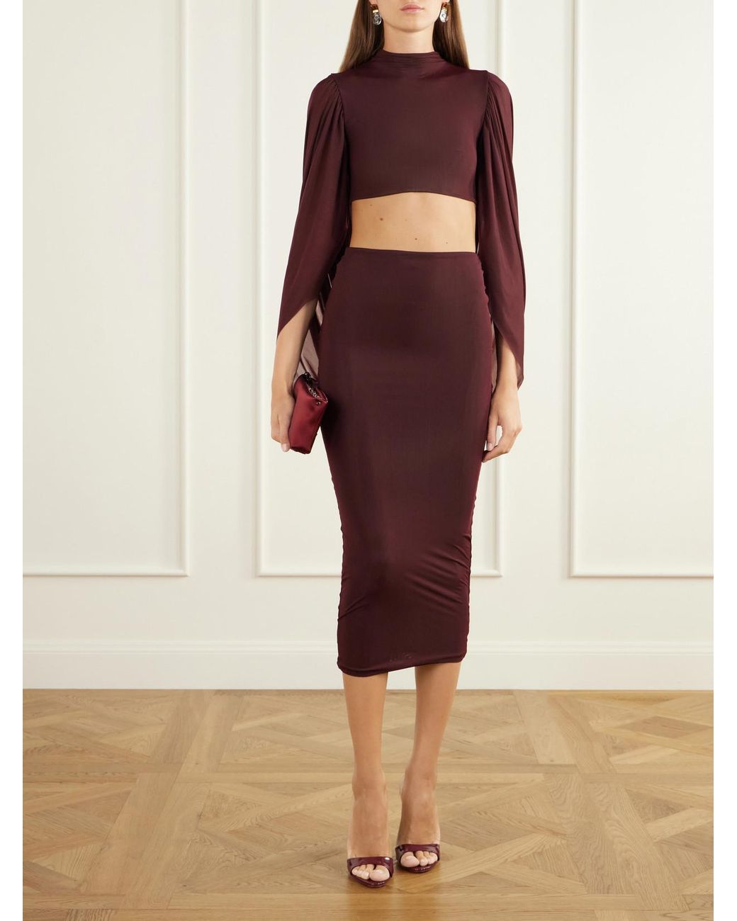 Maygel Coronel Red Apertura Cape-Effect Chiffon-Trimmed Jersey Top And Skirt Set