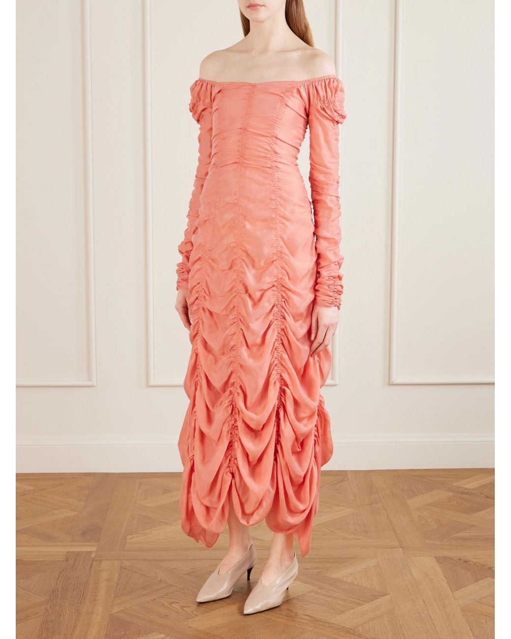 Khaite Pink Judith Ruched Silk-Blend Midi Dress