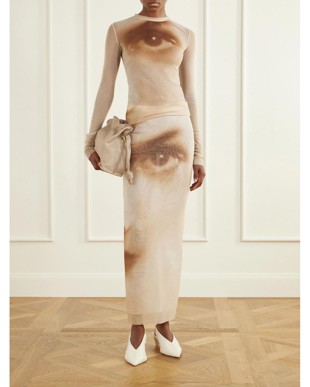 Jean Paul Gaultier Natural Face Printed Mesh Maxi Skirt
