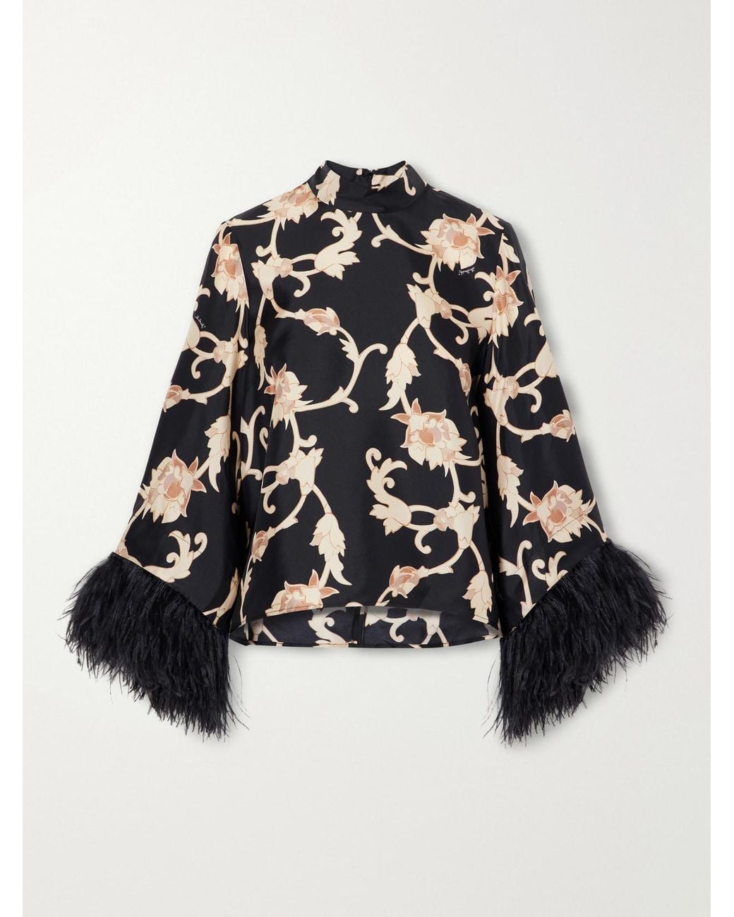 LaDoubleJ Black Make An Exit Feather-Trimmed Printed Silk-Twill Blouse