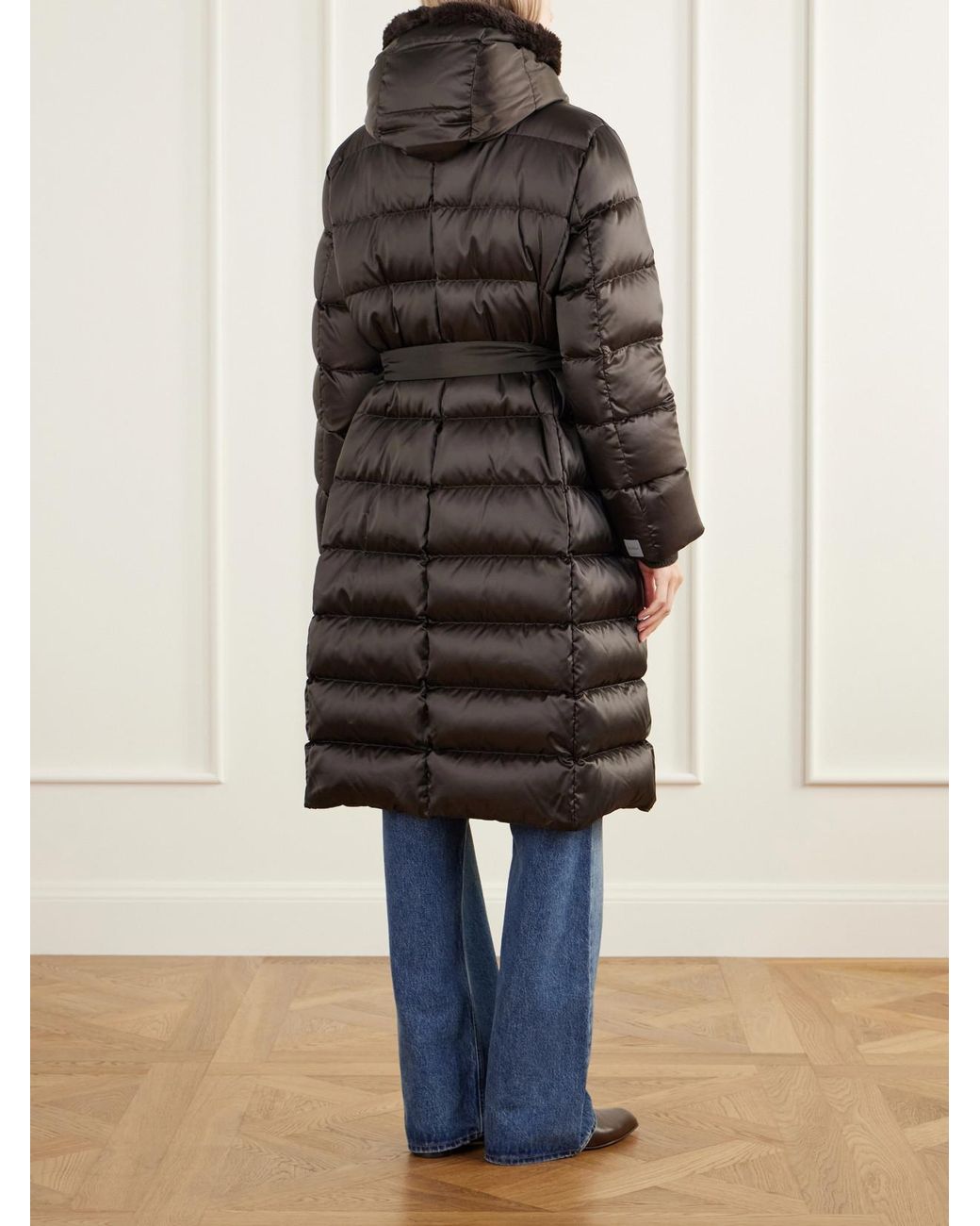 Max Mara Gray Medusa Hooded Belted Quilted Plush-Trimmed Shell Down Coat