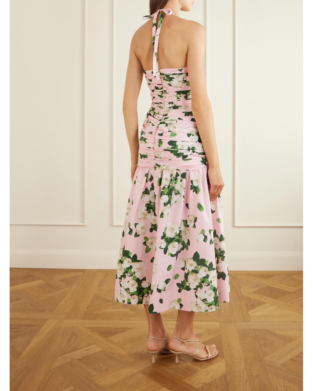 Carolina Herrera White Floral-Print Ruched Cotton-Blend Midi Dress
