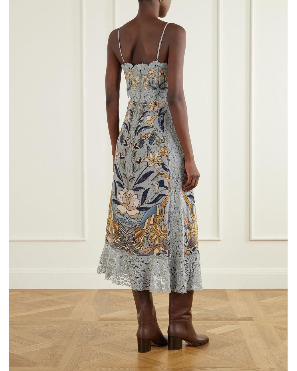 Farm Rio White Stained Glass Beauty Printed Guipure Lace-Trimmed Satin Midi Dress