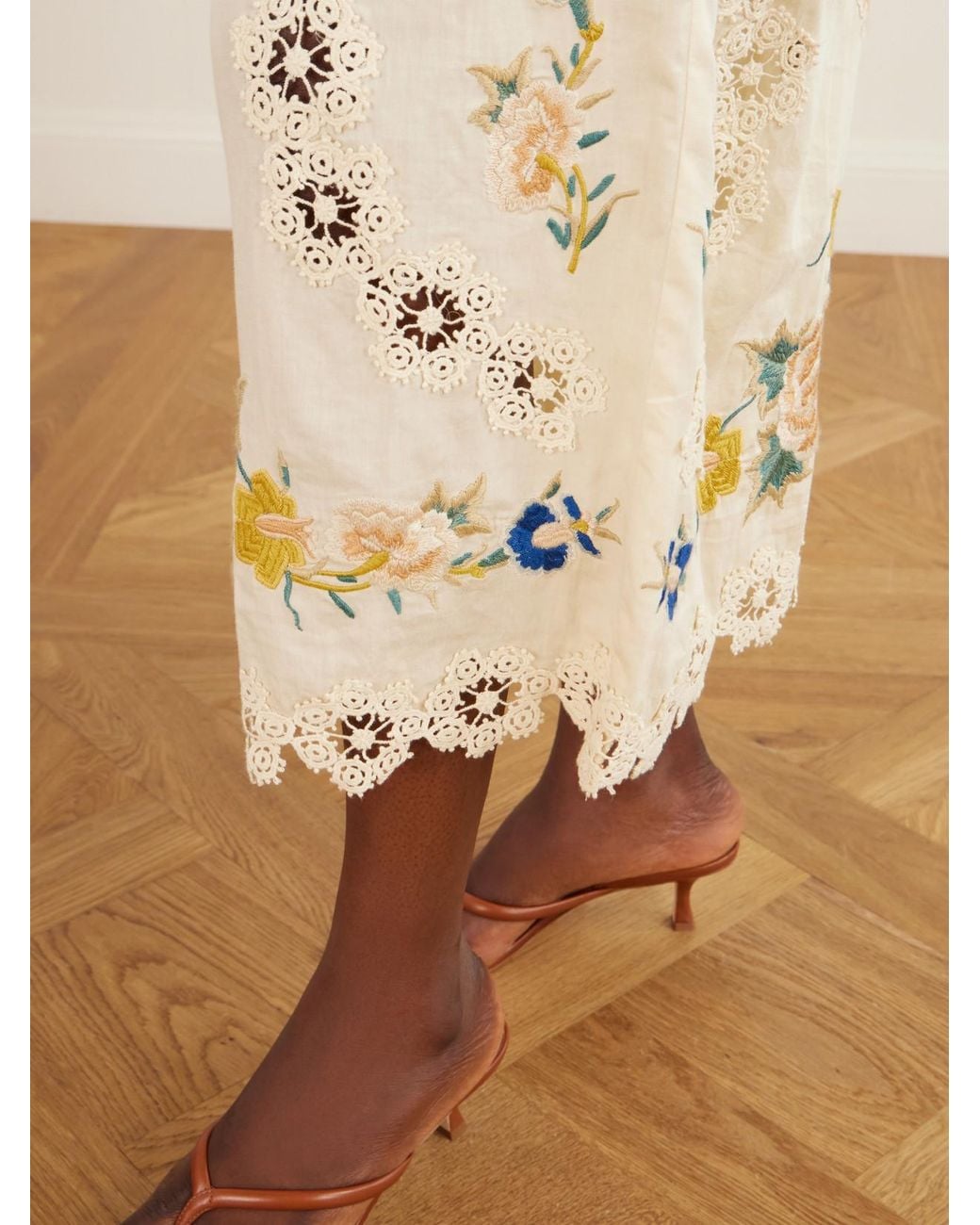 Sea Natural Addona Floral-Embroidered Broderie Anglaise-Trimmed Cotton Wide-Leg Pants