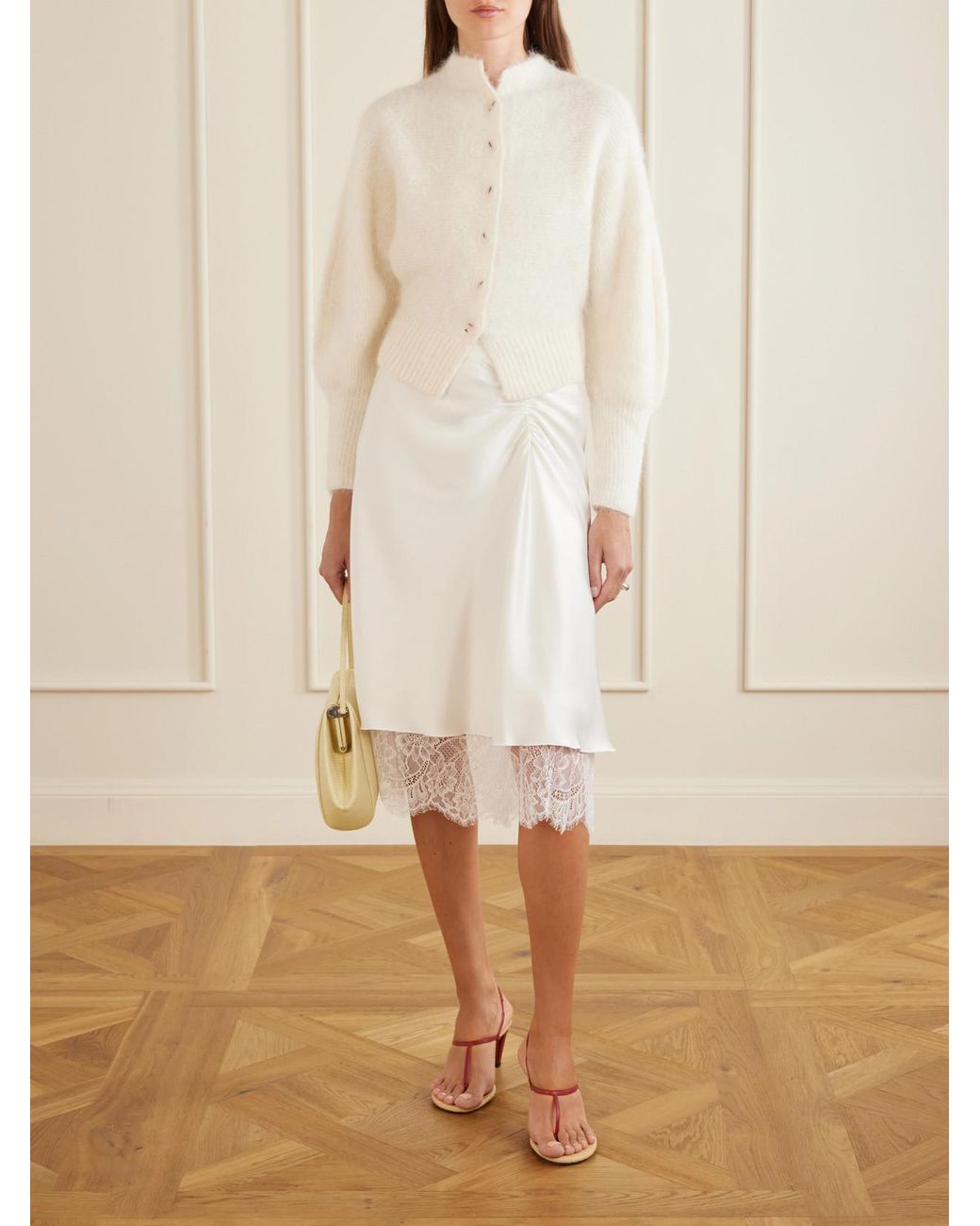 Sir White Ingrid Layered Gathered Lace-Trimmed Satin Midi Skirt