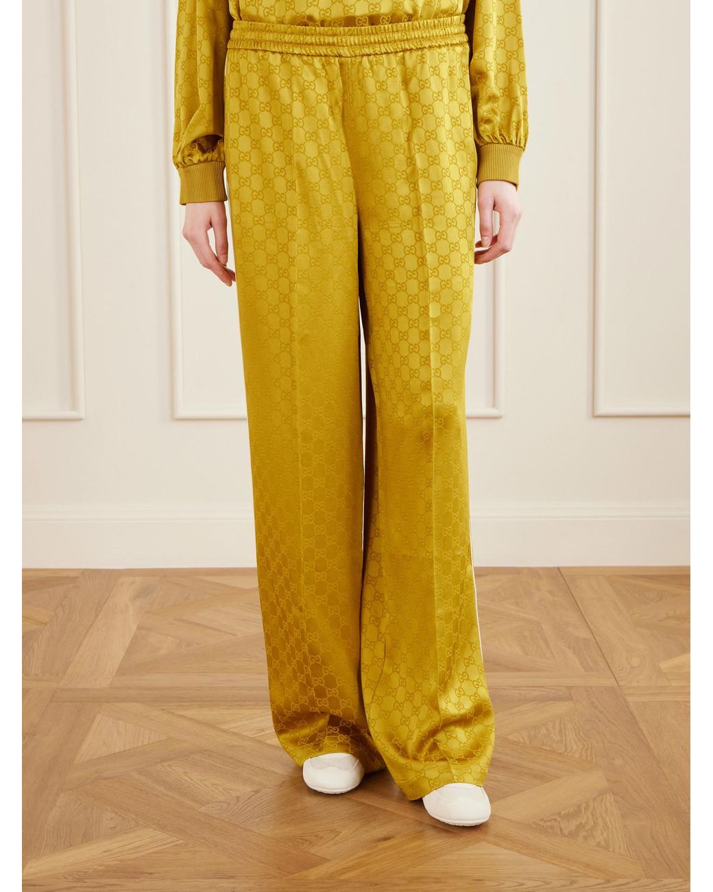Gucci Yellow Satin-Jacquard Straight-Leg Pants