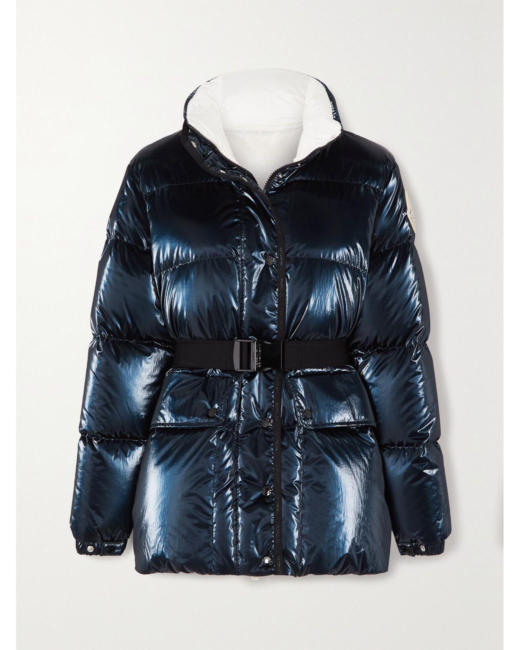 Moncler Blue Herault Hooded Quilted Padded Glossed-Shell Down Coat