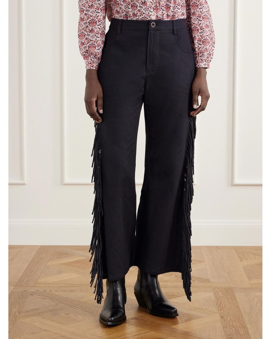 Alix Of Bohemia Blue Bunny Onyx Fringed Cotton-Gabardine Straight-Leg Pants