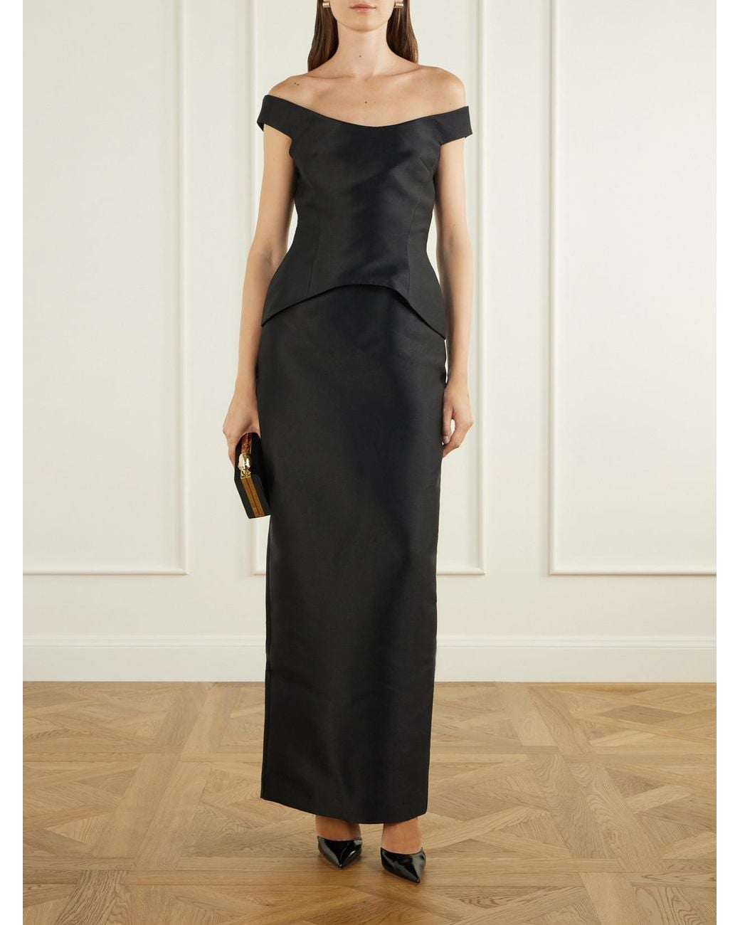 Solace London Black Pieta Off-The-Shoulder Twill Gown