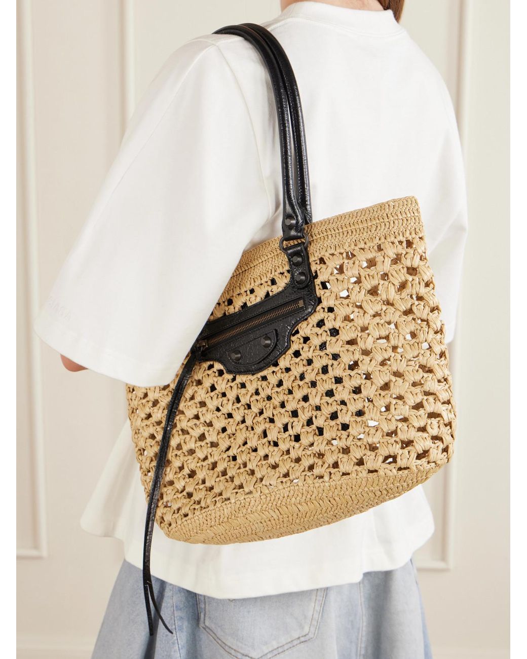 Balenciaga Natural Le City Leather-Trimmed Raffia Shoulder Bag