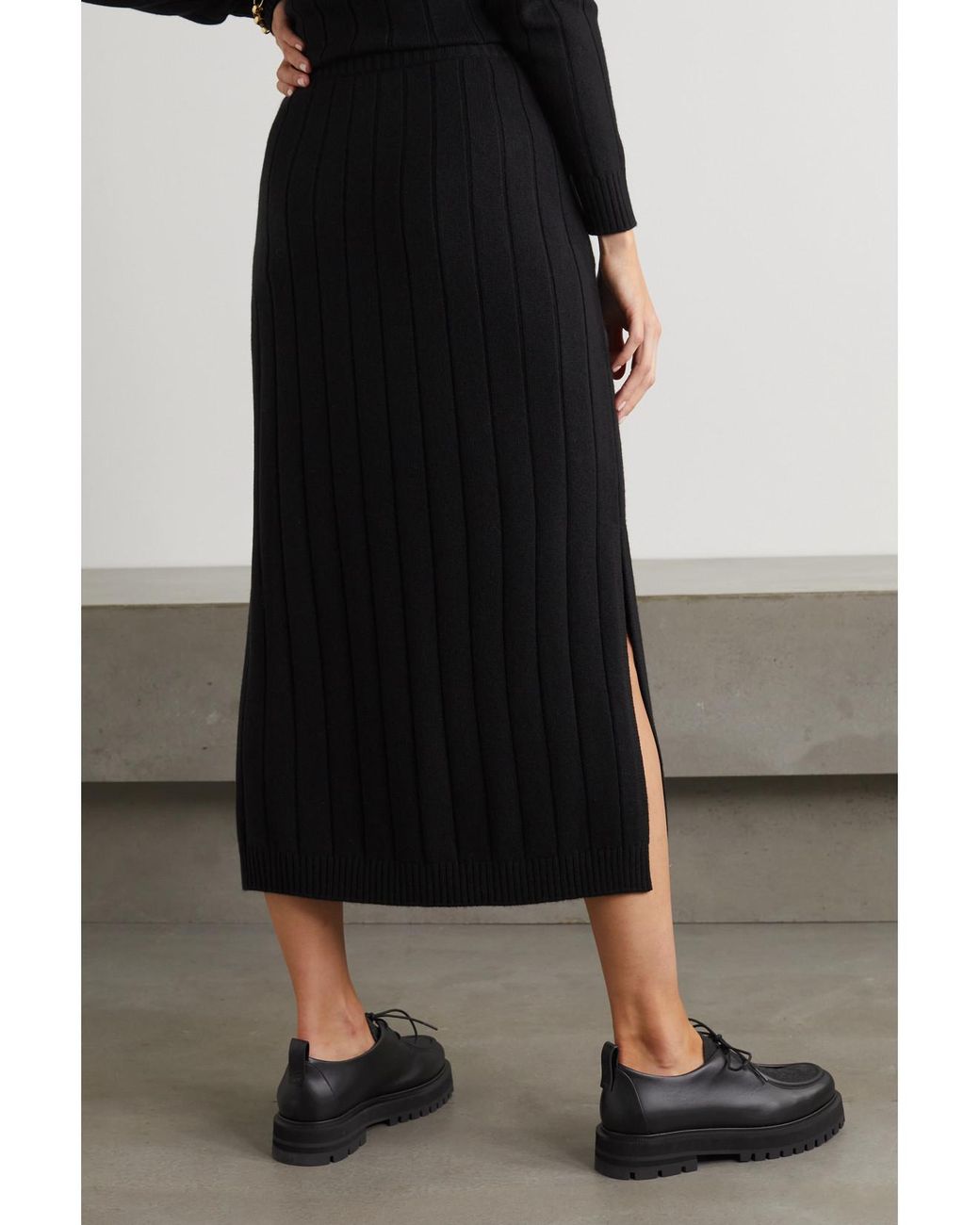 Loro Piana Black Duca D'Aosta Ribbed Cashmere Midi Skirt