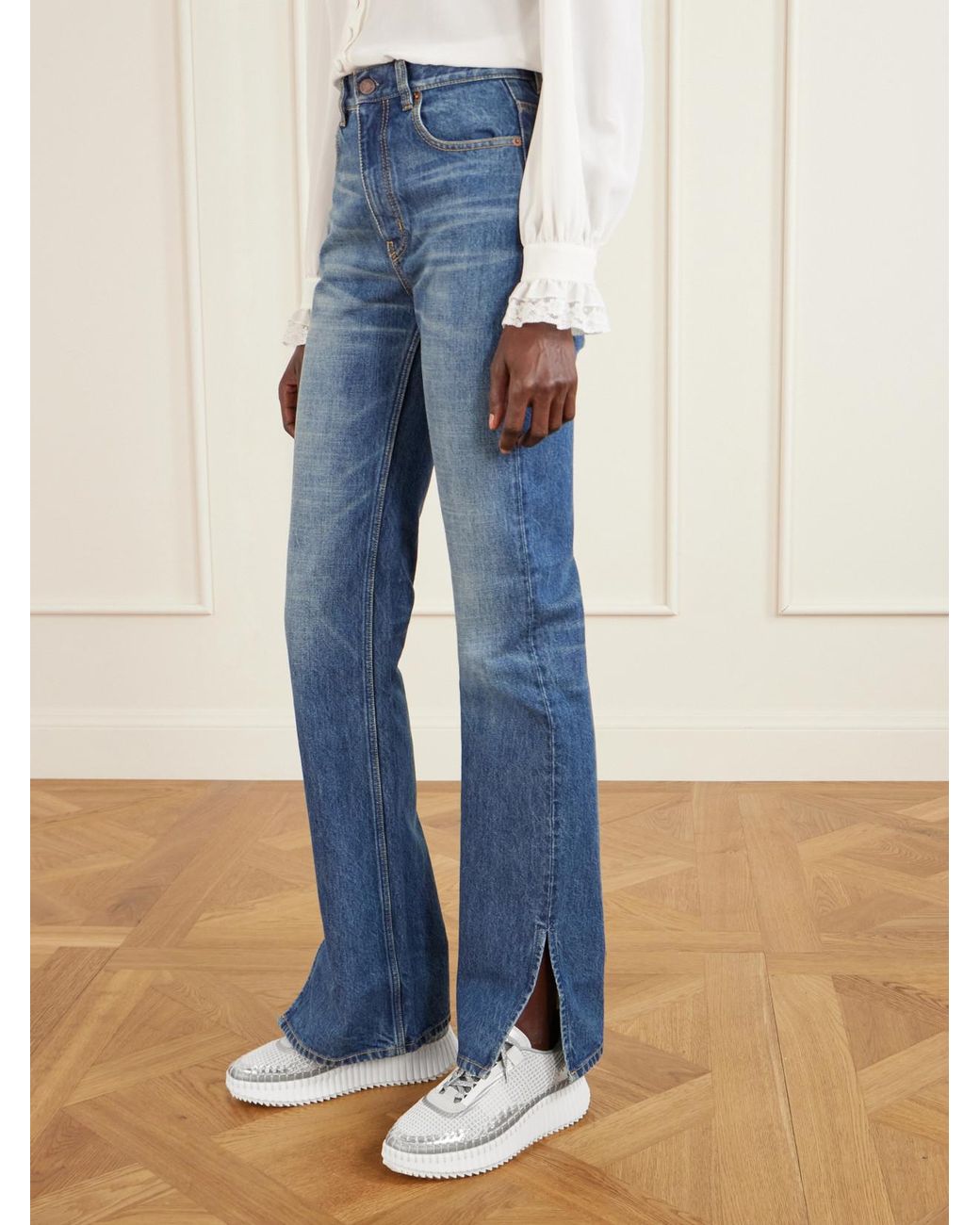 Chloé White Nama Metallic Leather-Trimmed Mesh Sneakers