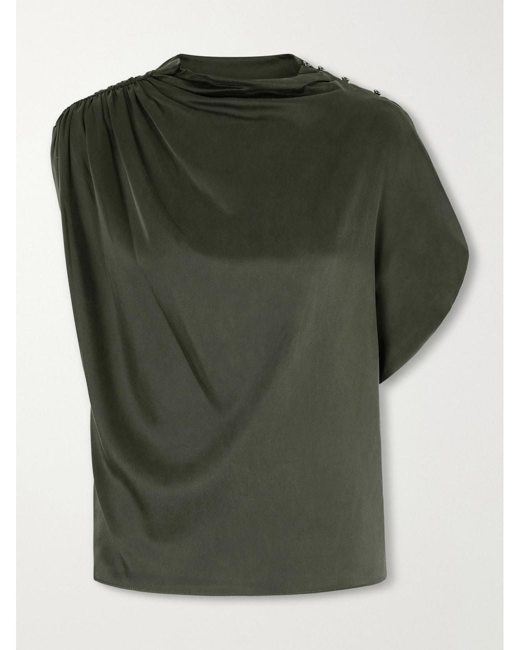 Twp Green Wish You Would Asymmetric Draped Silk-Blend Charmeuse Blouse