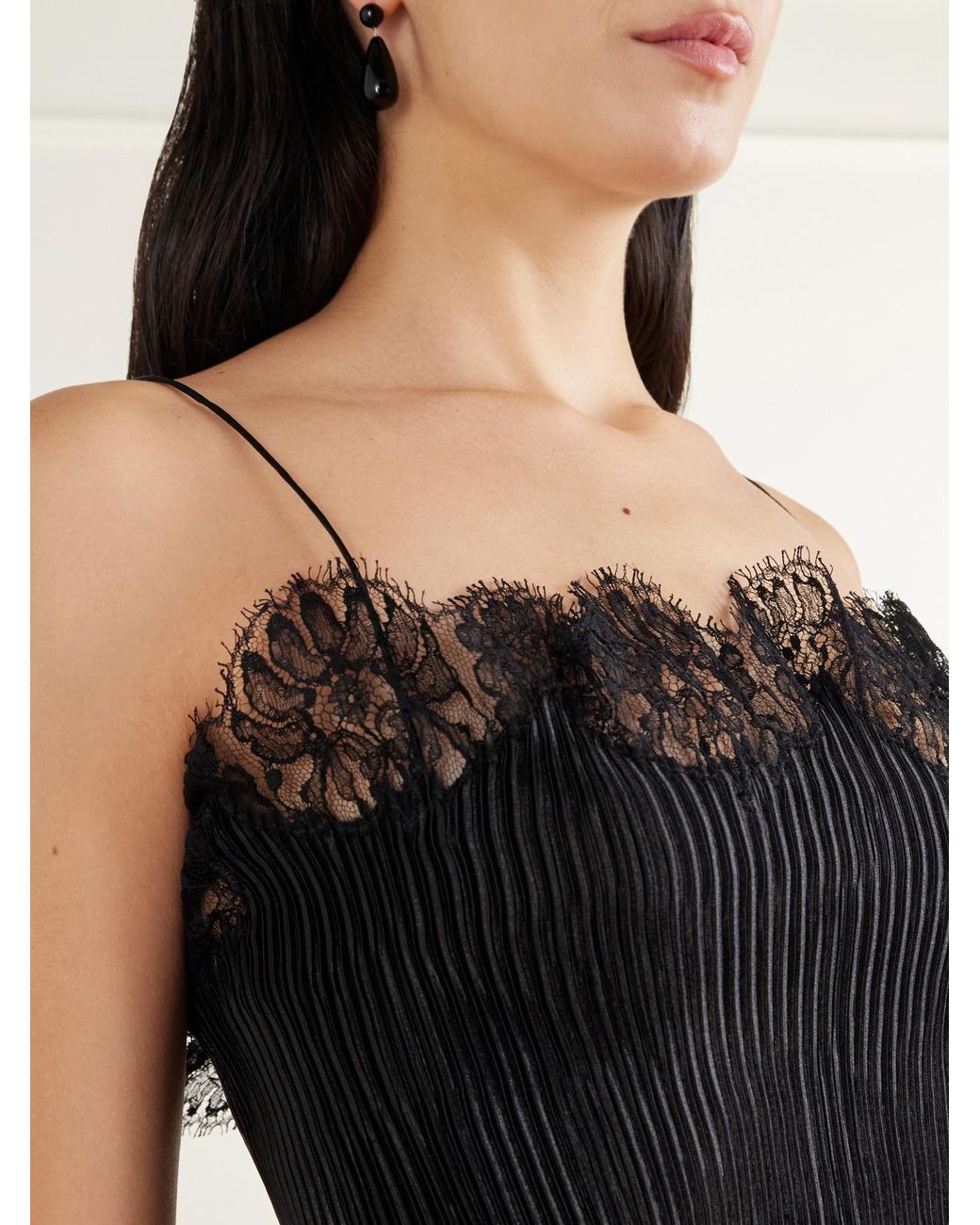 FFORME Black Lumie Lace-Trimmed Pleated Satin Midi Dress