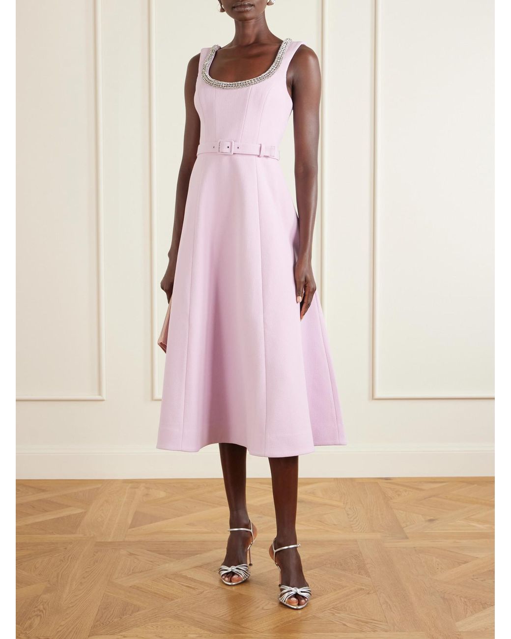 Rebecca Vallance Pink Yolanda Belted Crystal-Embellished Crepe Midi Dress